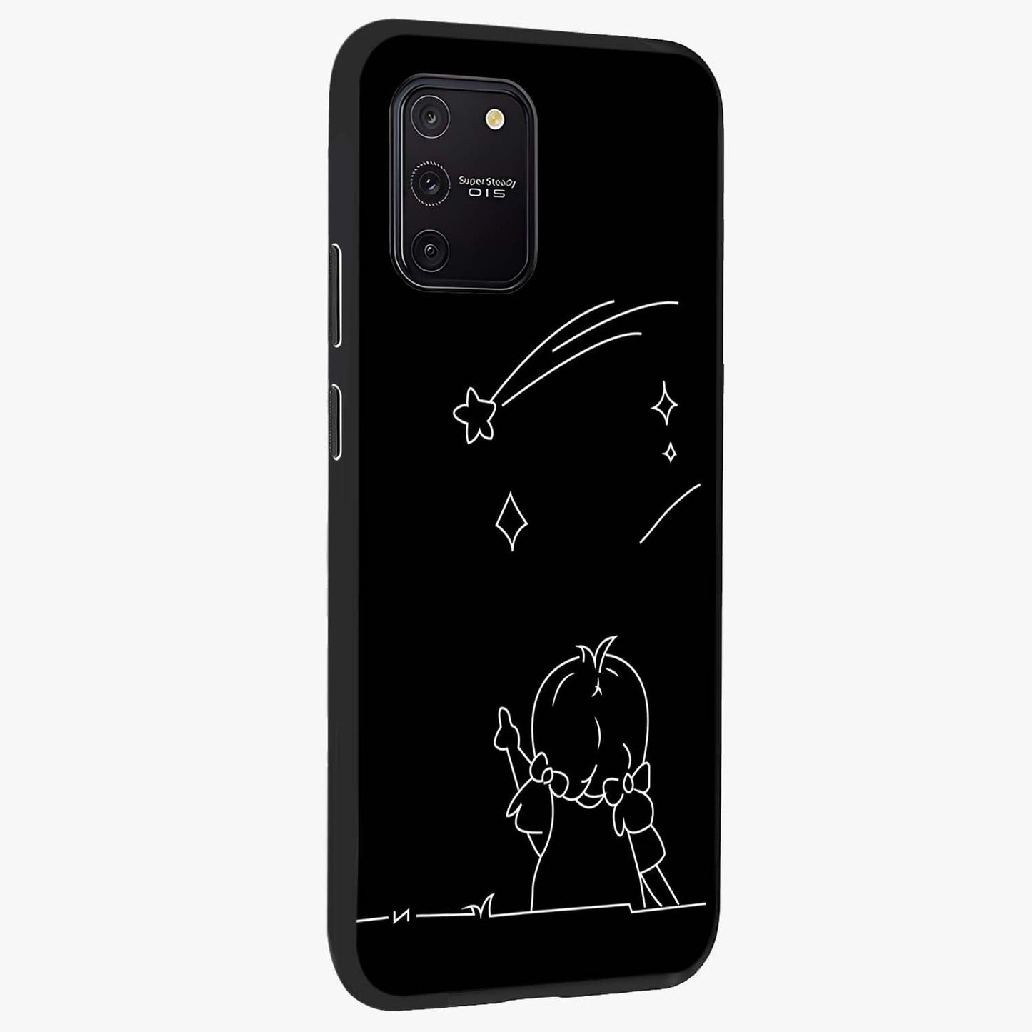 Line Art Girl With Shooting Stars Glass Case upright view showcasing delicate shooting stars artwork with minimal artistic theme.