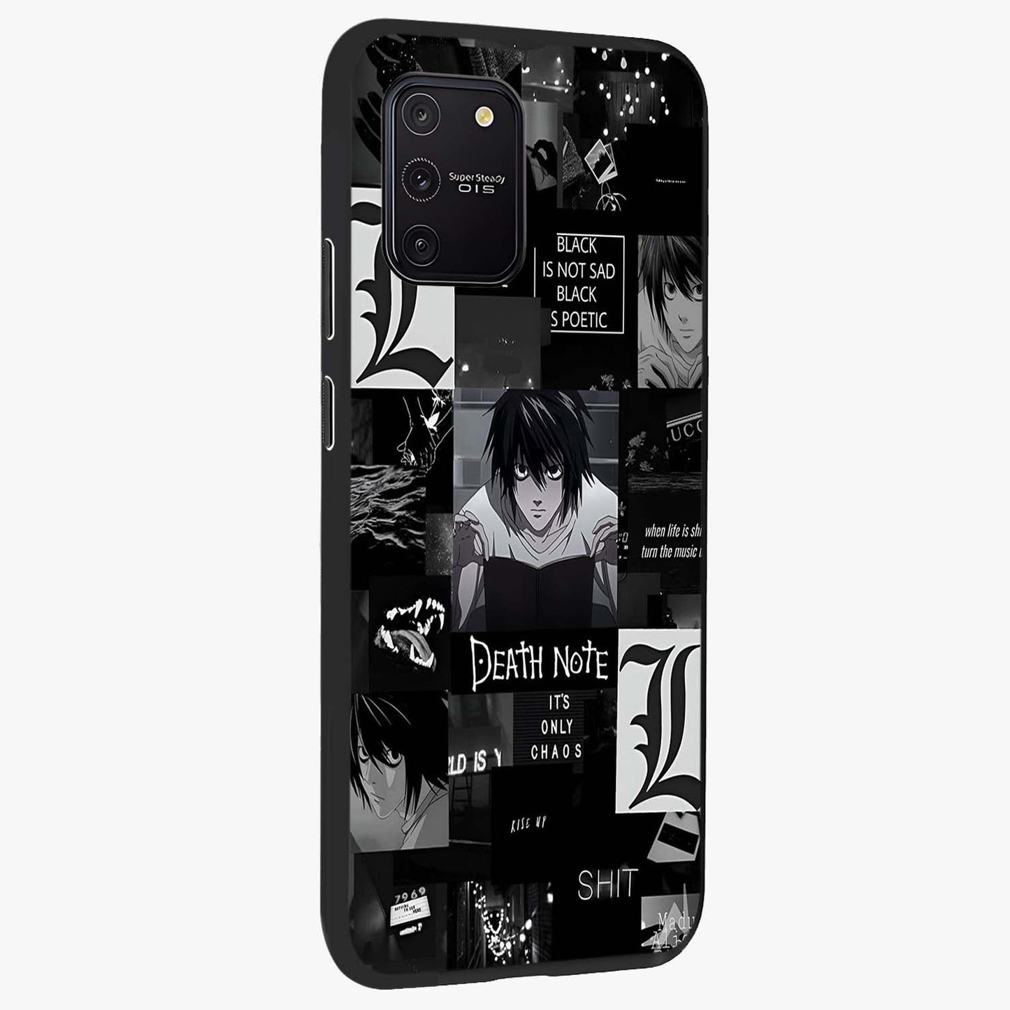 Midnight Chaos Mind Glass Case upright view showcasing expressive abstract artwork with bold dark theme.