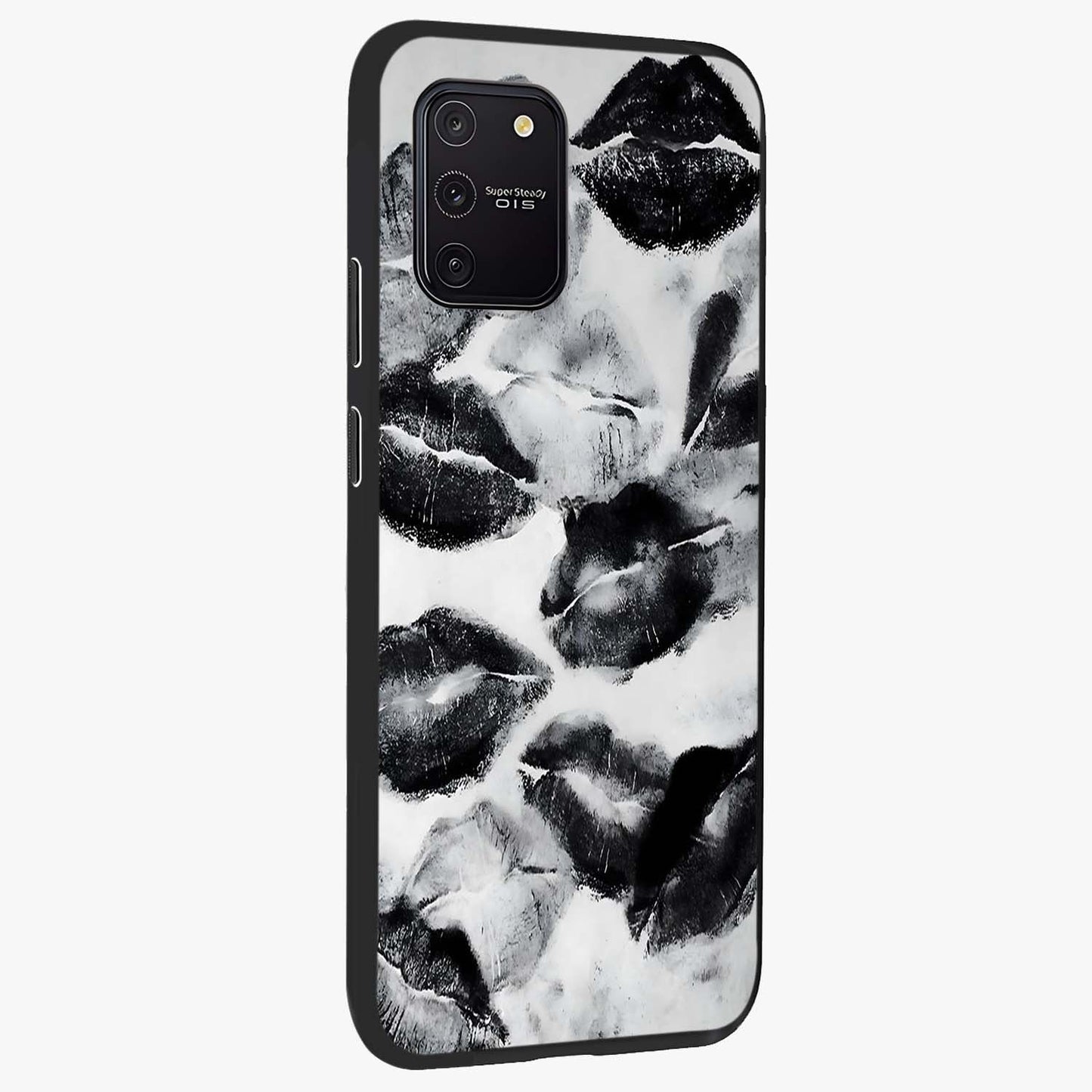 Midnight Kiss Marks Glass Case upright view showcasing stylish kiss mark artwork with trendy romantic theme.