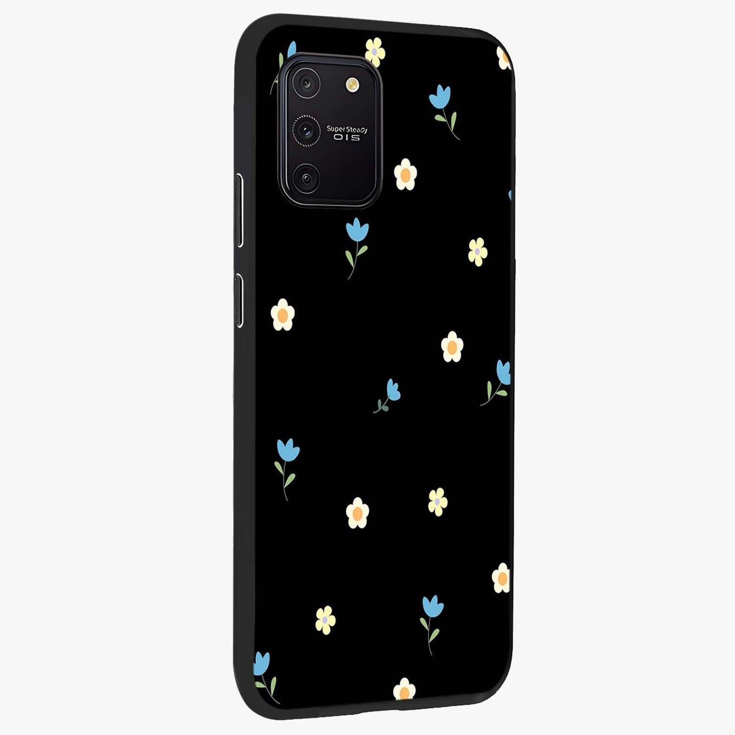 Minimal Petal Whispers Glass Case upright view showcasing elegant floral artwork with modern minimalist style.