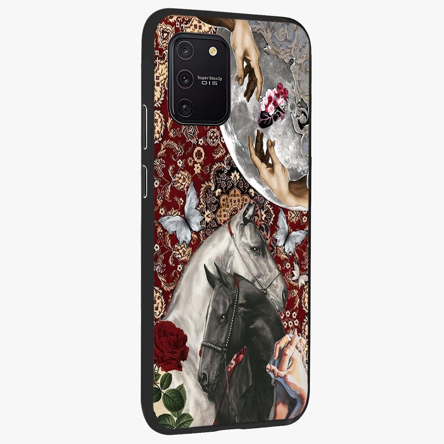 Moonlit Royal Stallion Glass Case upright view showcasing dramatic horse artwork with glowing moon themed design.