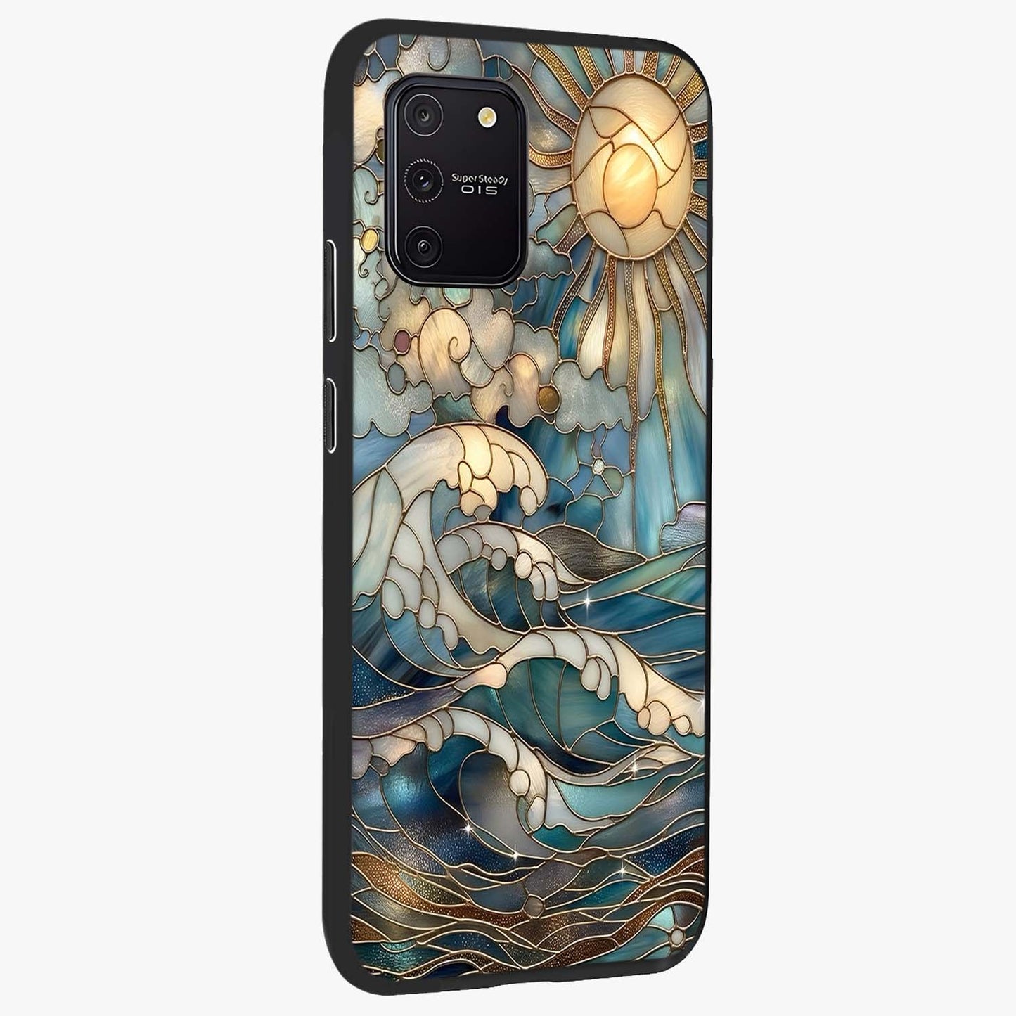 Oceanic Stained Printed Glass Case upright view showcasing decorative ocean pattern artwork with vibrant marine theme.
