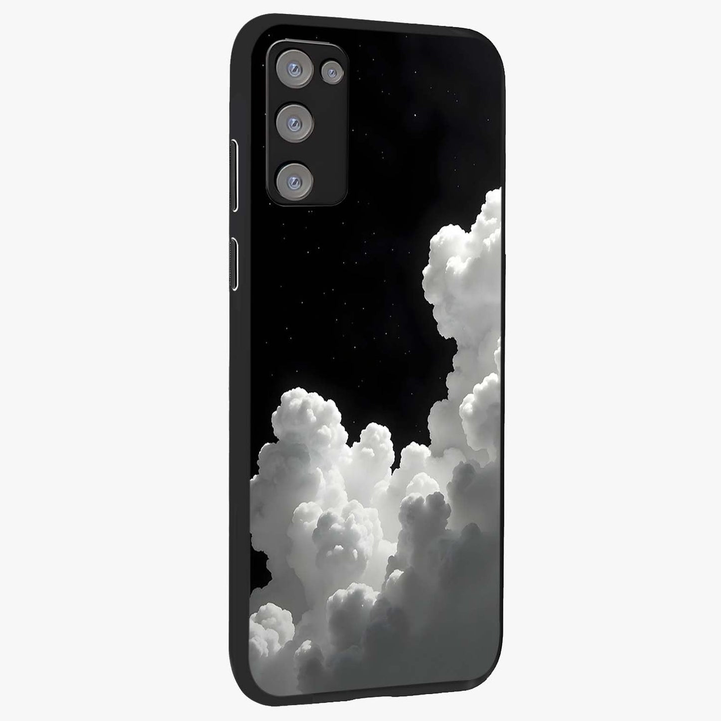 Black Background With White Cloud Glass Case upright view showcasing calm cloud aesthetic with modern minimal style.