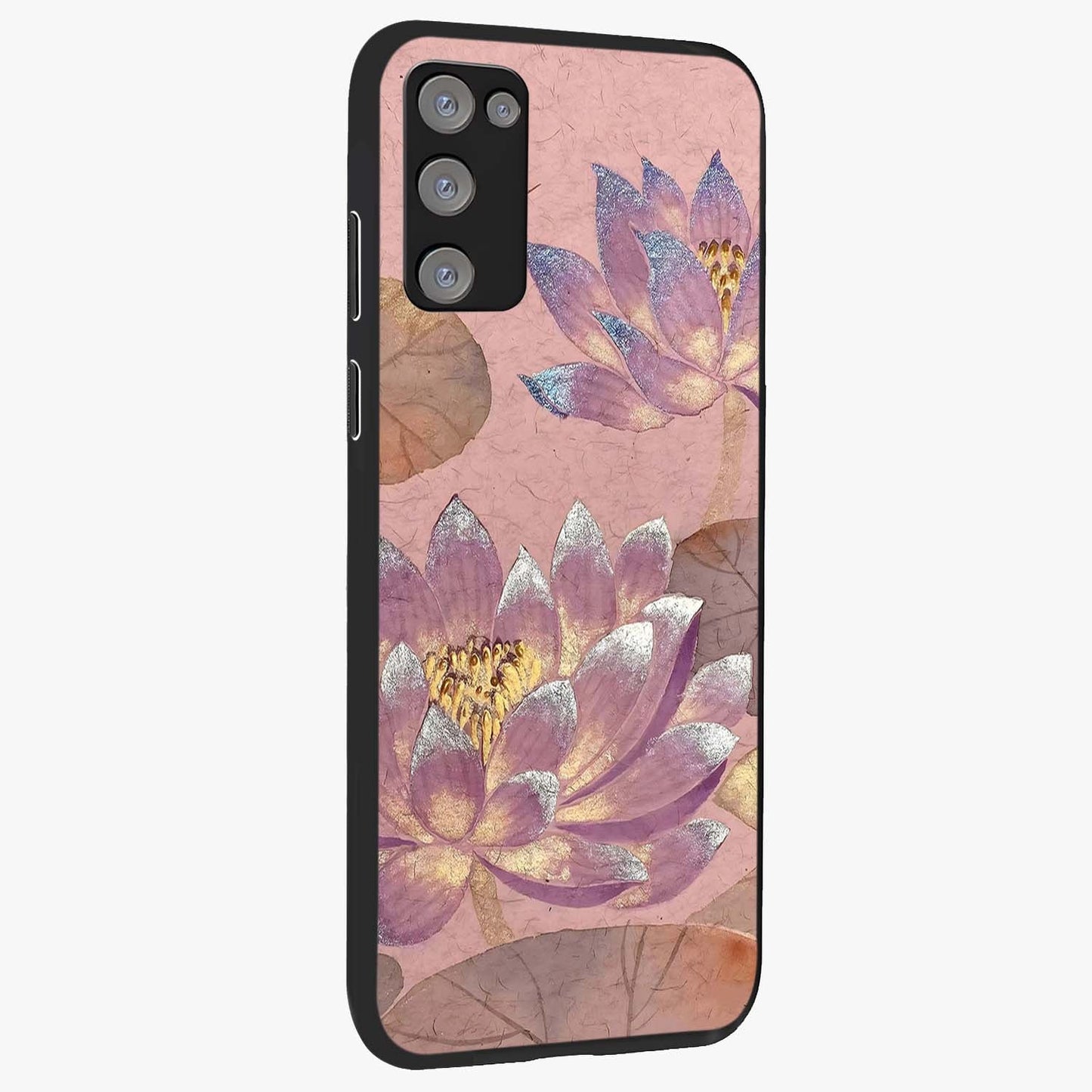 Blossom Mist Lotus Glass Case upright view showcasing graceful lotus flower design with peaceful botanical style.