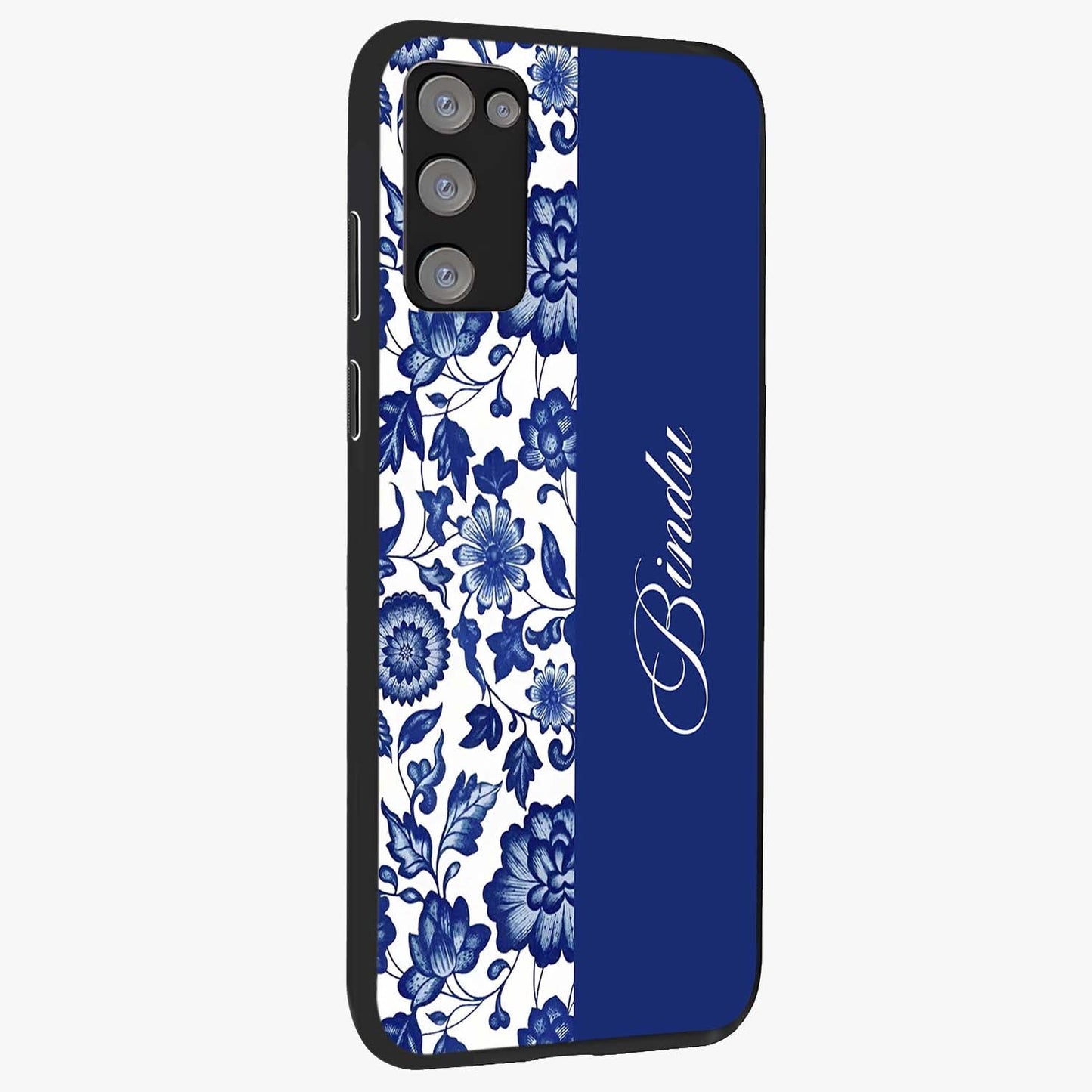 Blue Vintage Floral Pattern Glass Case upright view showcasing delicate blush floral texture with modern minimal style.