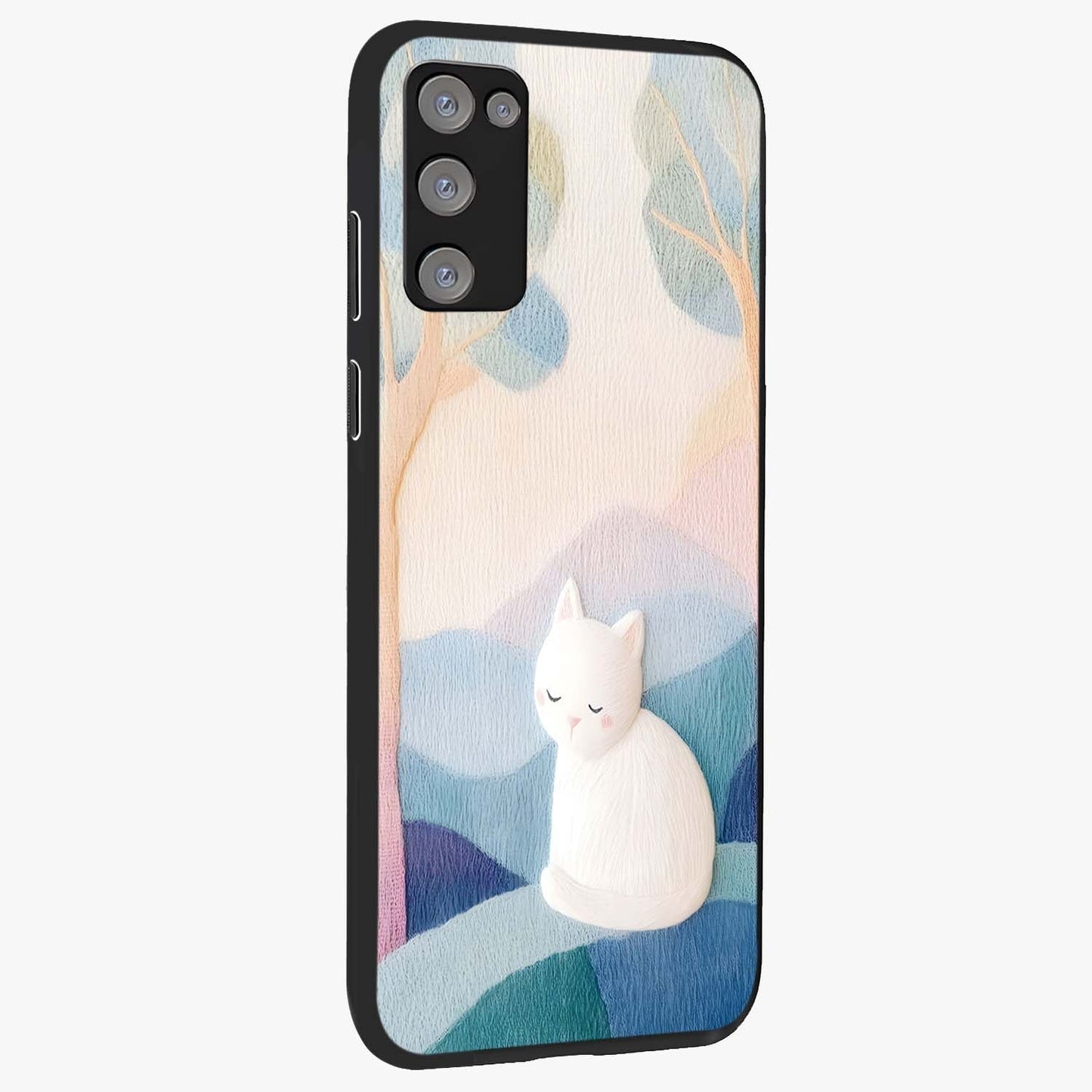 Cotton Dream Cat Glass Case upright view showcasing charming cat artwork with cozy dreamy theme.
