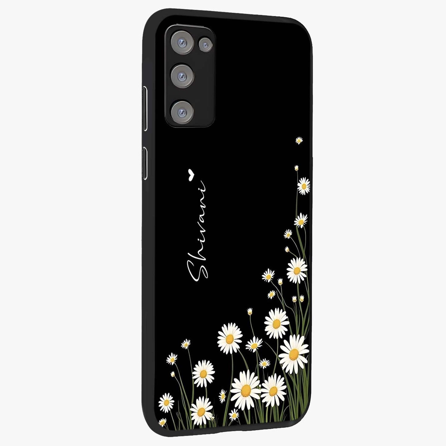 Daisy Cascade Custom Name Glass Case upright view showcasing elegant floral cascade design with personalized aesthetic.