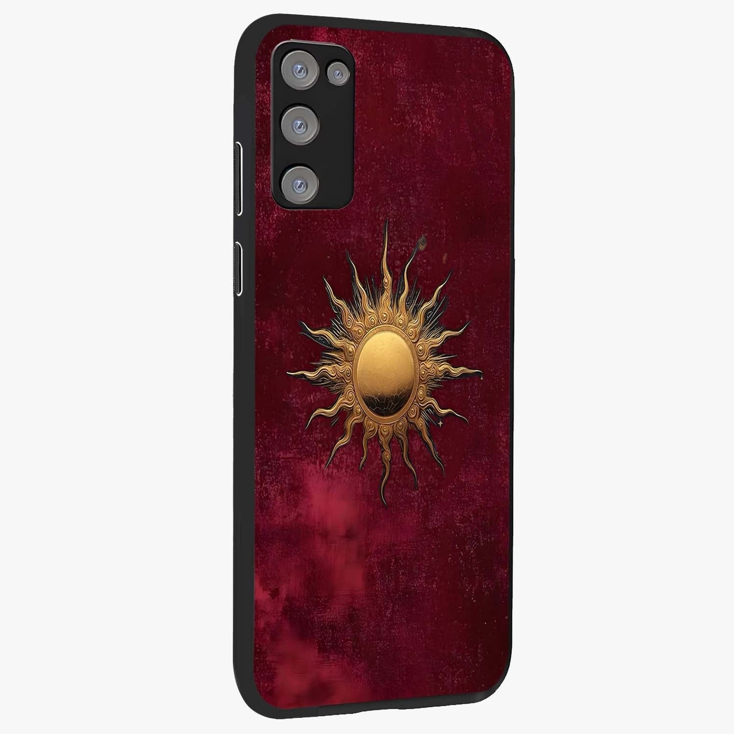 Golden Sun Minimalism Glass Case upright view showcasing simple golden sun artwork with elegant minimalist style.