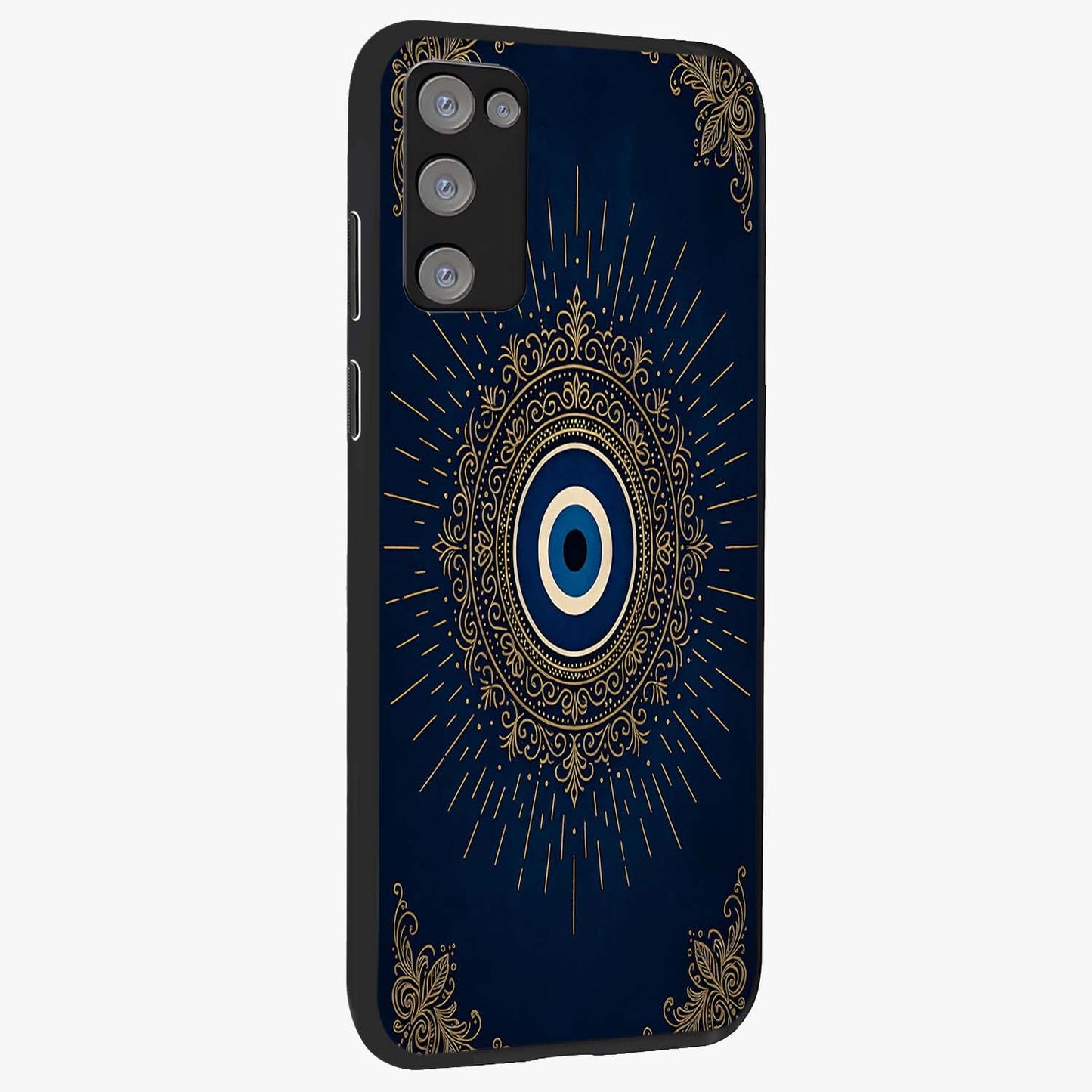 Golden Celestial Charm Glass Case upright view showcasing radiant celestial artwork with elegant golden theme.