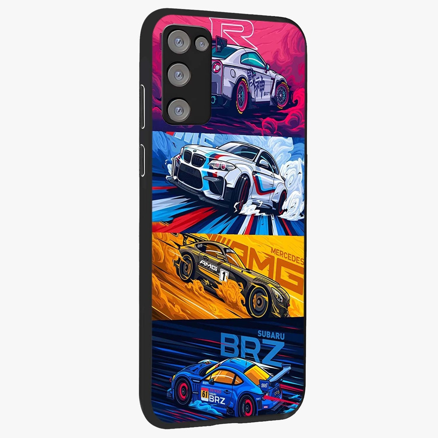JDM Sports Car Glass Case upright view showcasing dynamic sports car artwork with bold racing theme.
