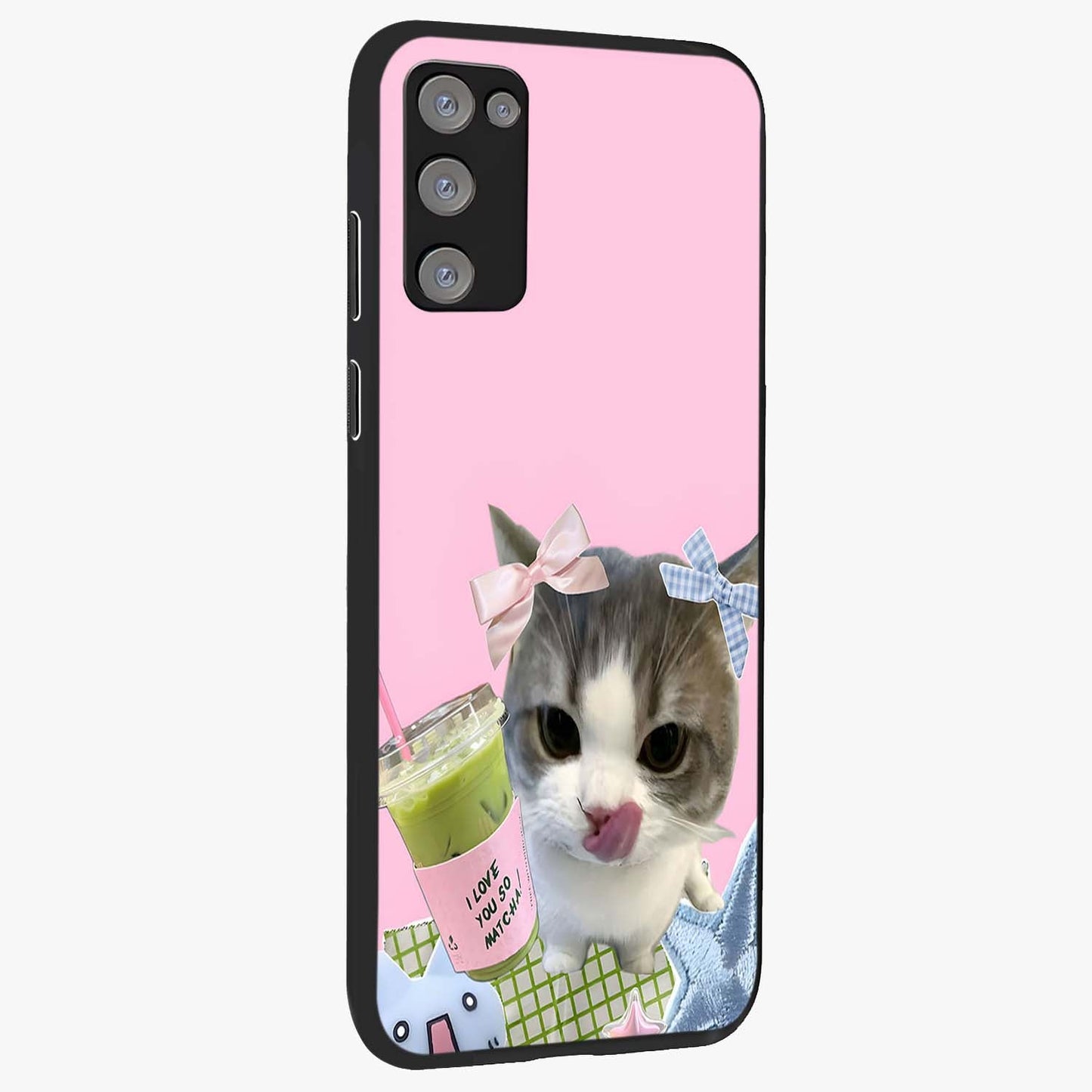 Love Matcha Cat Glass Case upright view showcasing adorable cat artwork with charming matcha themed design.