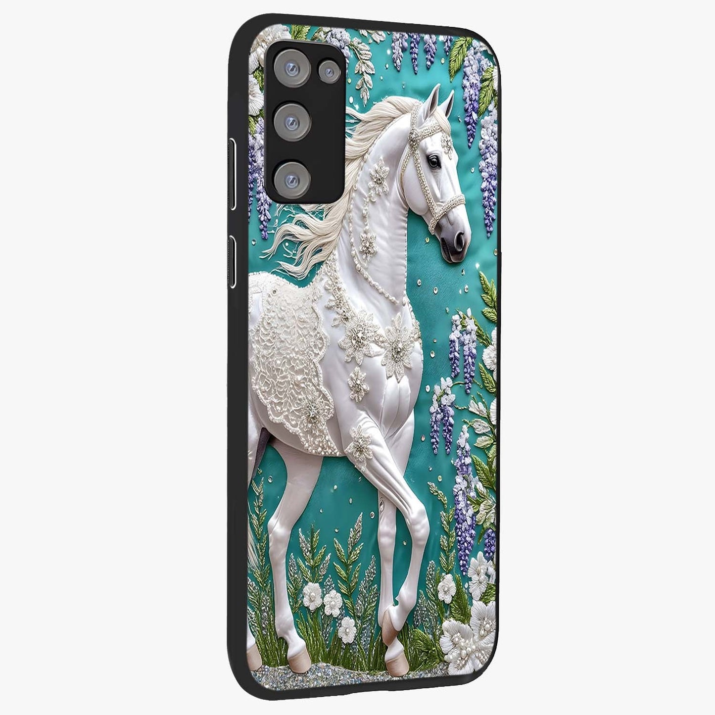 Majestic Floral Stallion Glass Case upright view showcasing dramatic horse artwork with decorative floral theme.