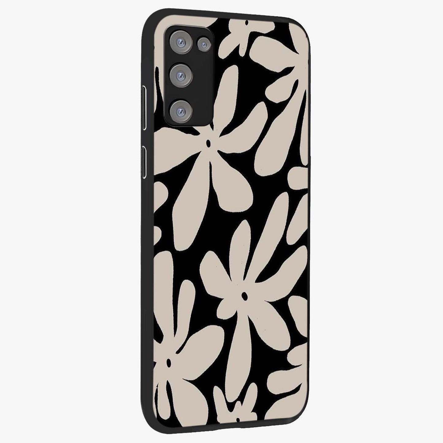 Monochrome Petal Dance Glass Case upright view showcasing artistic floral pattern with stylish monochrome theme.