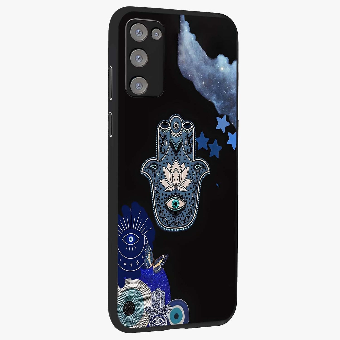 Mystic Hand Aura Glass Case upright view showcasing symbolic hand artwork with mystical energy theme.