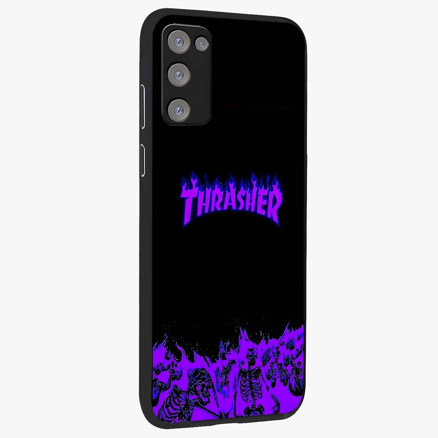 Neon Flame Riot Glass Case upright view showcasing dynamic flame artwork with energetic neon theme.