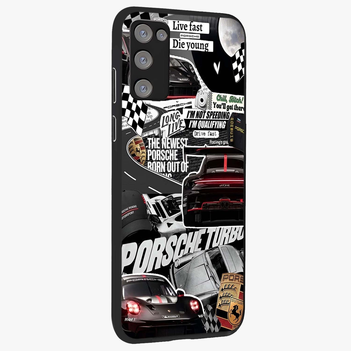Porsche Racing Collage Glass Case upright view showcasing energetic car collage artwork with high speed racing theme.