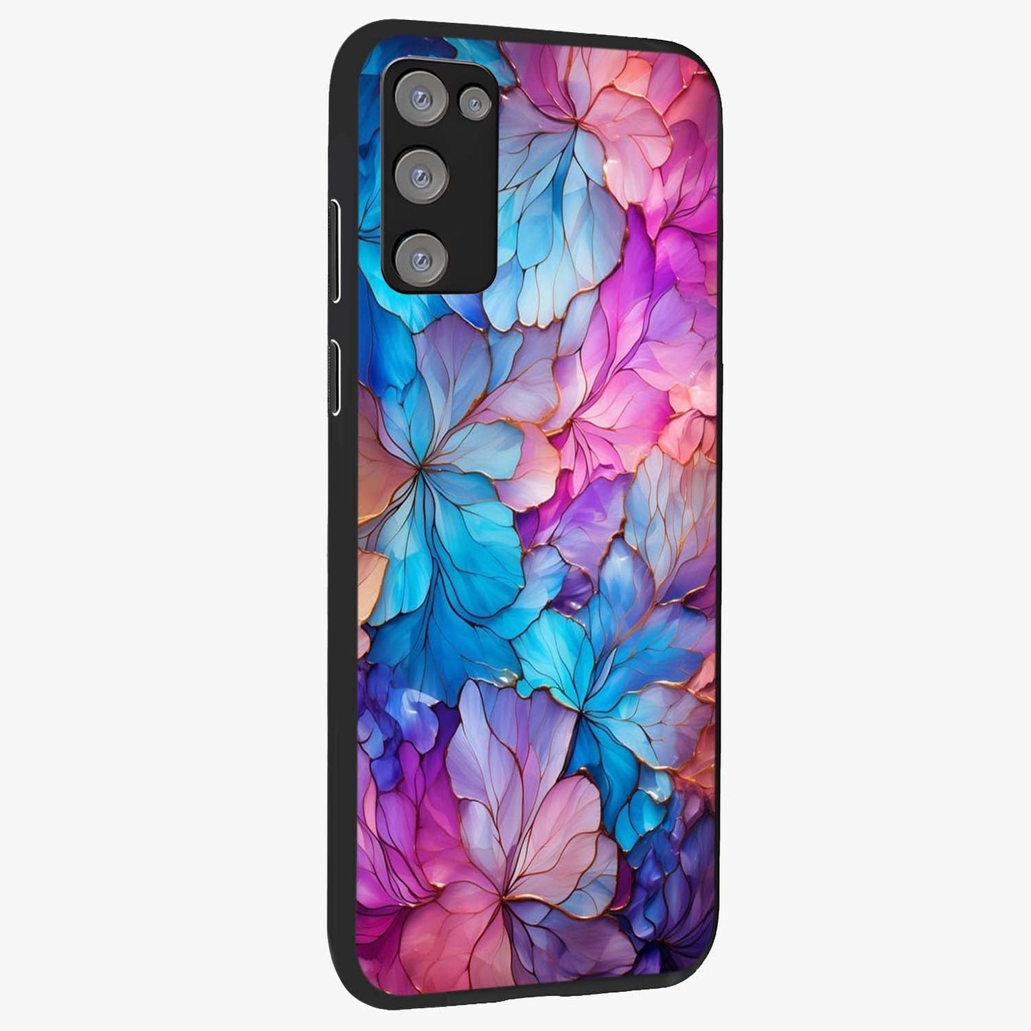 Radiant Floral Whirl Glass Case upright view showcasing lively floral artwork with decorative swirl theme.