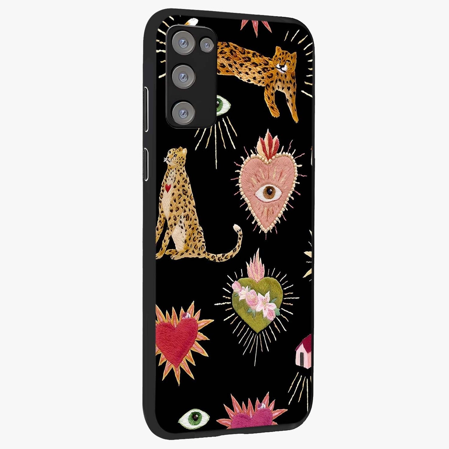 Sacred Jungle Heart Glass Case upright view showcasing vibrant jungle artwork with symbolic heart theme.