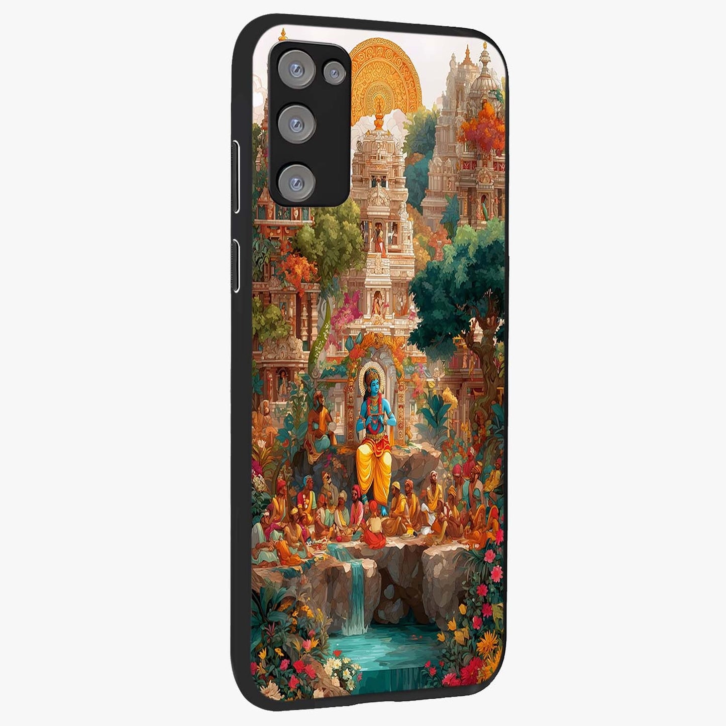 Sacred Sunlight Gods Glass Case upright view showcasing glowing divine artwork with sacred mythological theme.