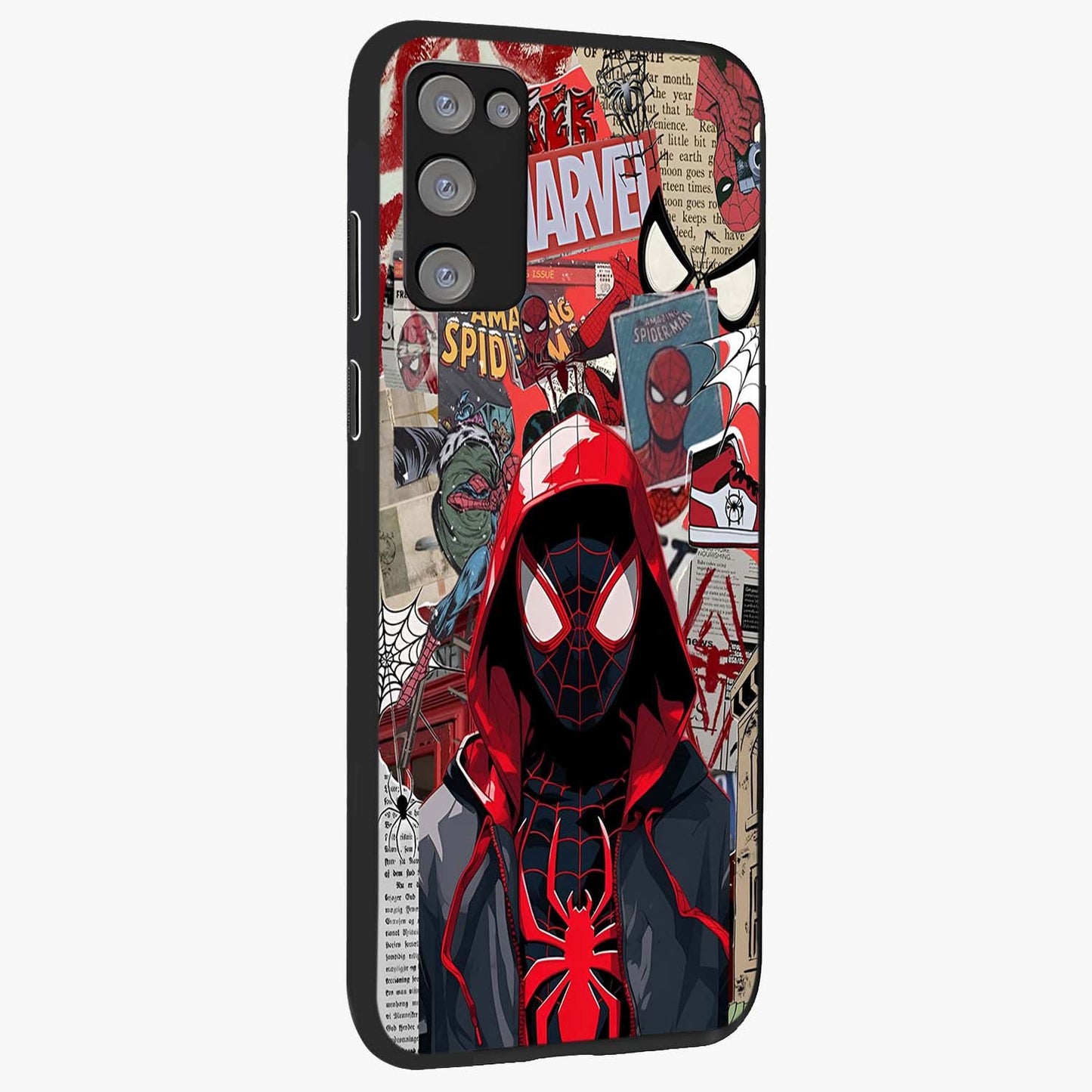 Spider Collage Street Glass Case upright view showcasing bold superhero artwork with urban street theme.