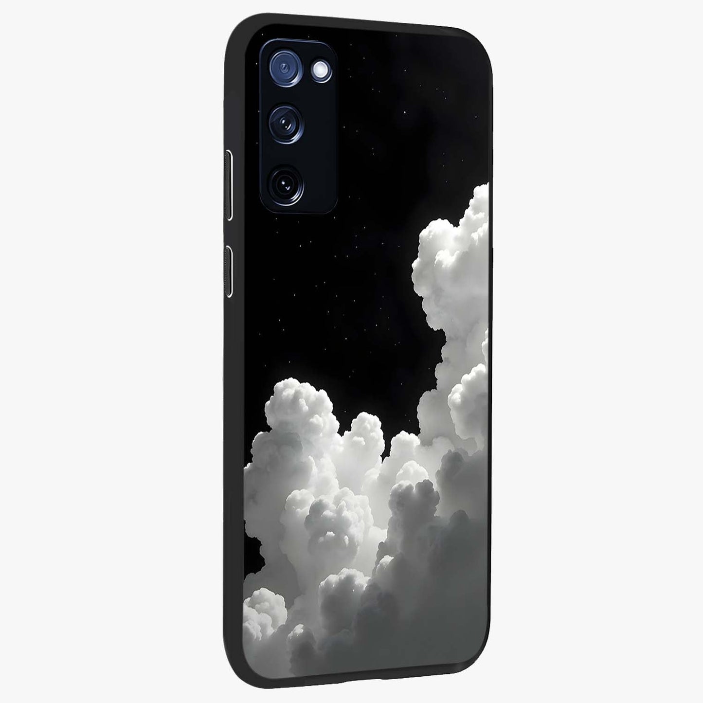 Black Background With White Cloud Glass Case upright view showcasing calm cloud aesthetic with modern minimal style.