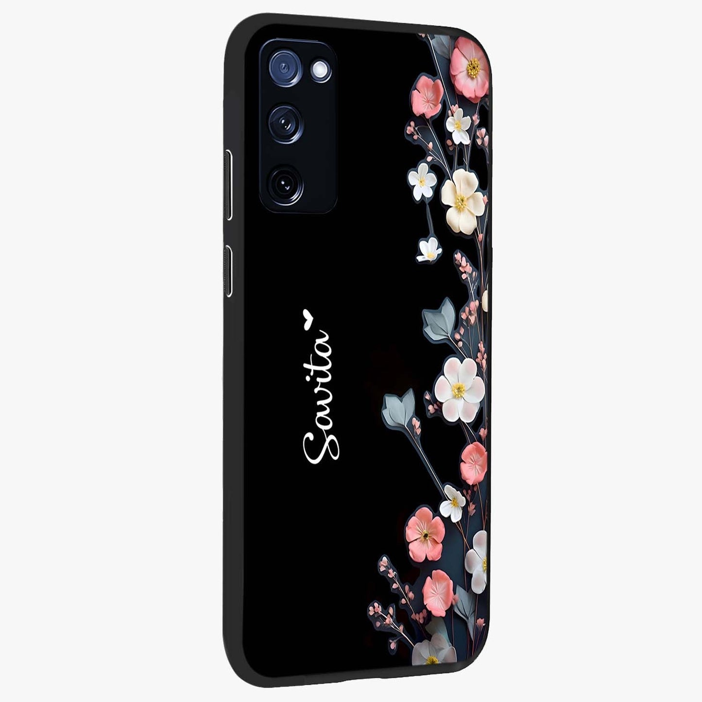 Black Elegance Floral Custom Name Glass Case upright view showcasing luxurious black floral design with personalized name detail.