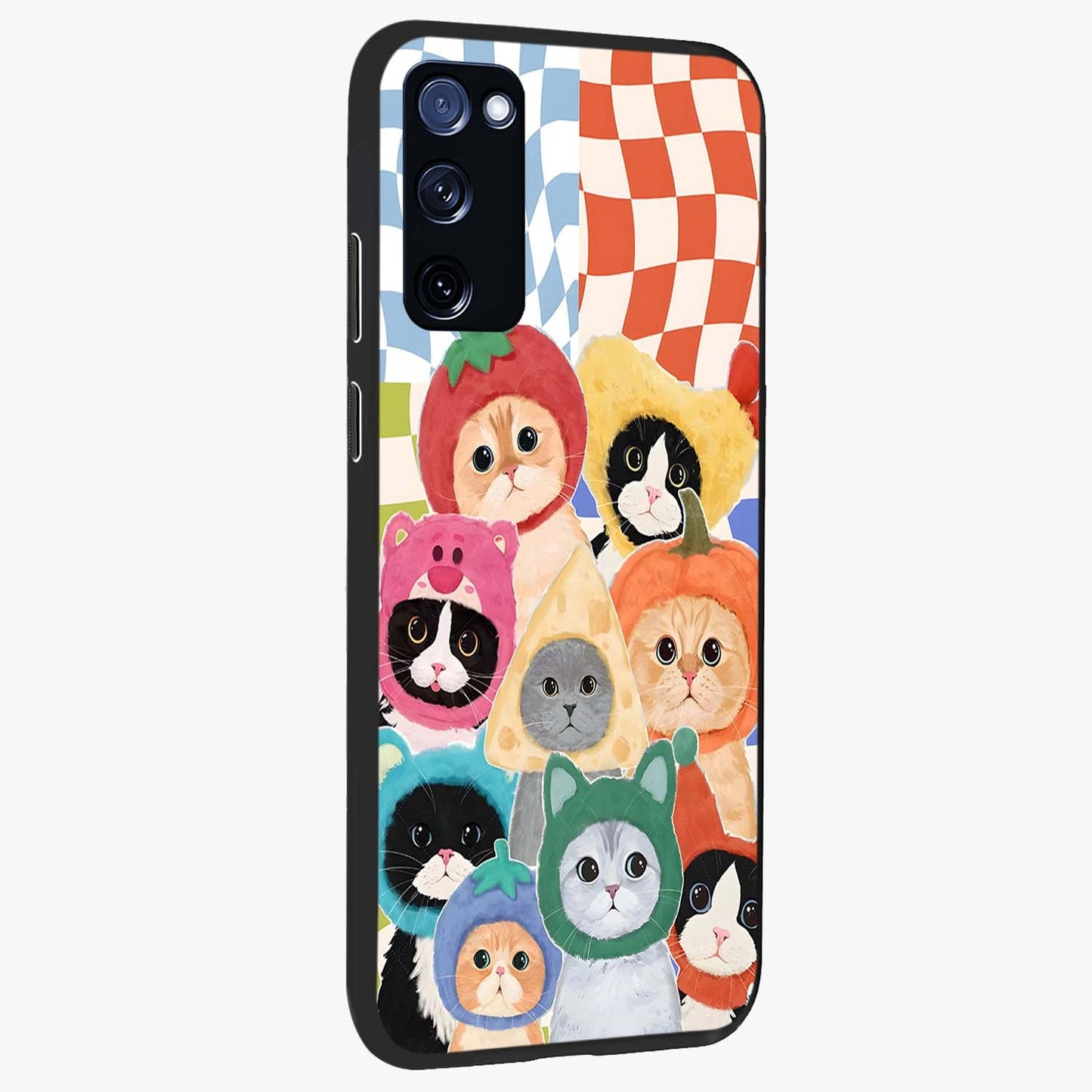 Cats in Fruits Glass Case upright view showcasing charming cat artwork with fun fruity theme.