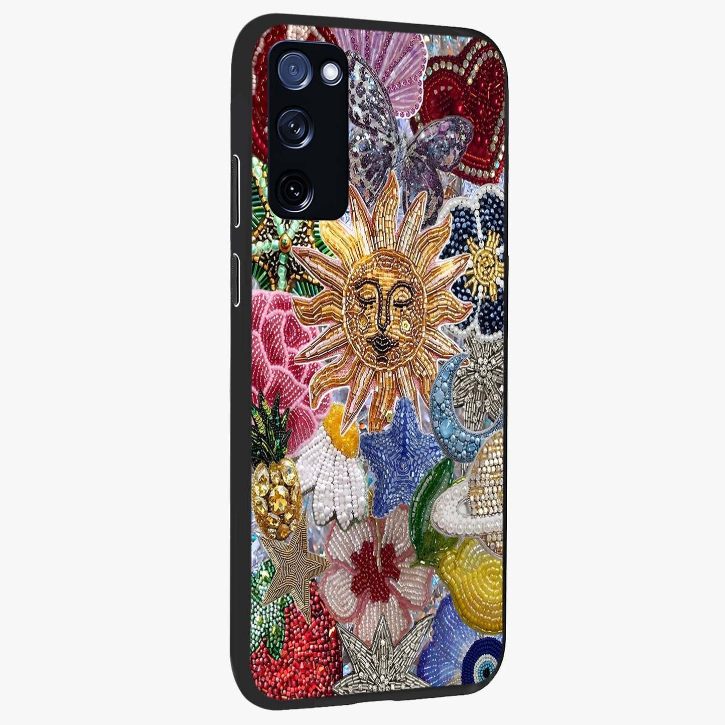 Celestial Floral and Playful Glass Case upright view showcasing whimsical floral artwork with cosmic aesthetic theme.