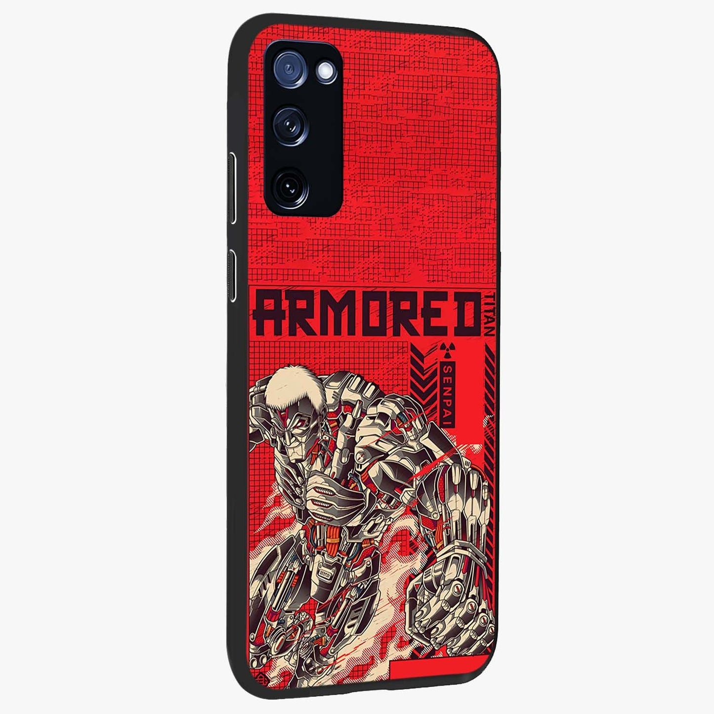 Crimson Mecha Titan Glass Case upright view showcasing dynamic robotic titan design with sci-fi inspired theme.