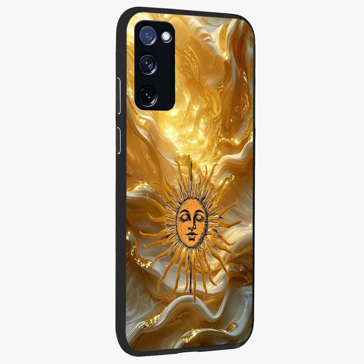 Eternal Golden Glow Glass Case upright view showcasing luminous golden artwork with luxurious visual theme.