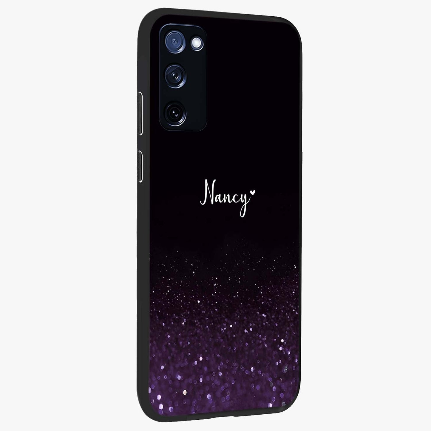 Glittery Purple Bokeh Custom Name Glass Case upright view showcasing vibrant purple sparkle artwork with personalized aesthetic style.