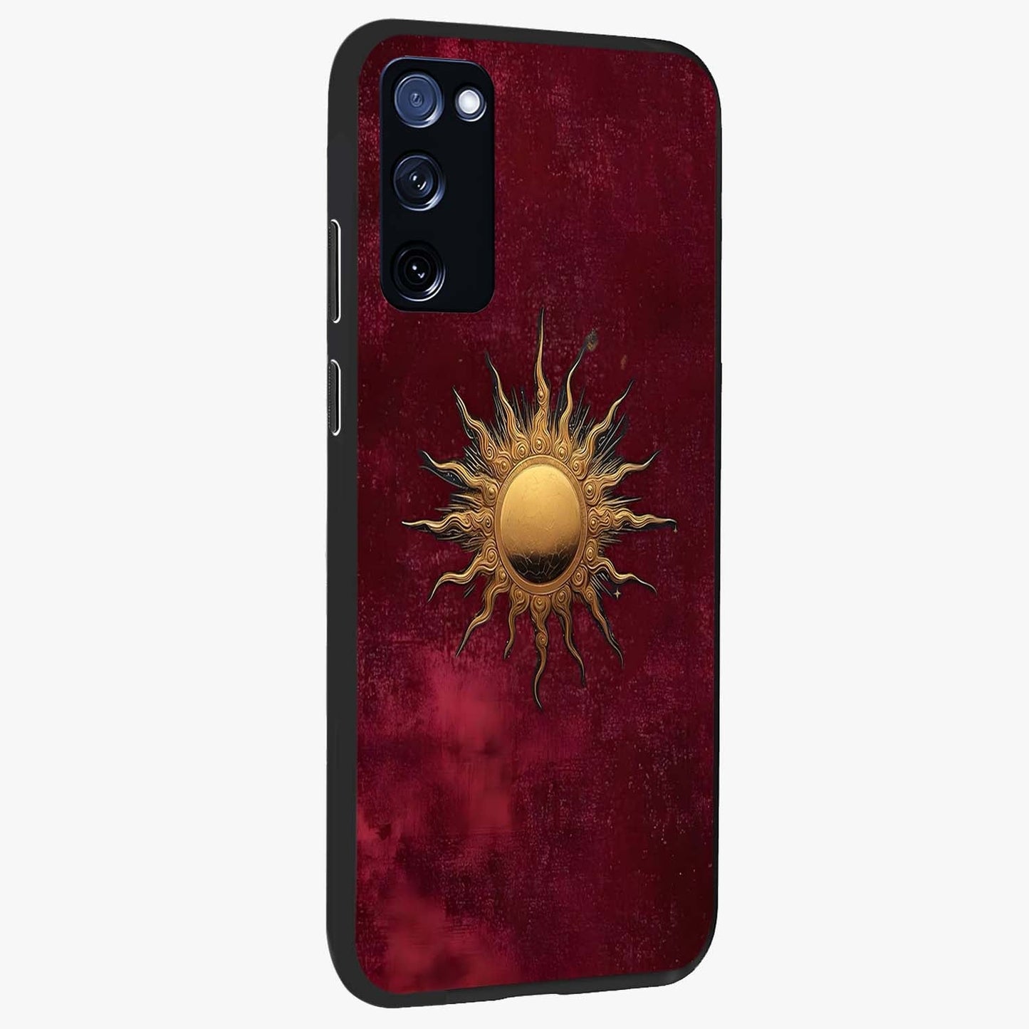Golden Sun Minimalism Glass Case upright view showcasing simple golden sun artwork with elegant minimalist style.