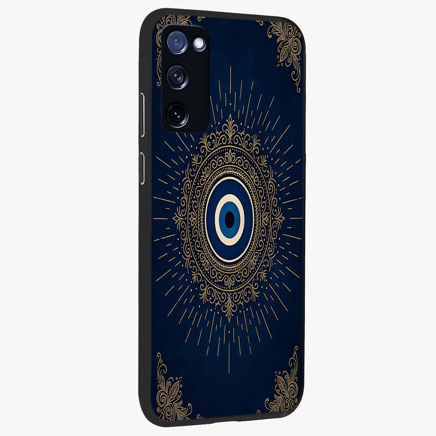 Golden Celestial Charm Glass Case upright view showcasing radiant celestial artwork with elegant golden theme.