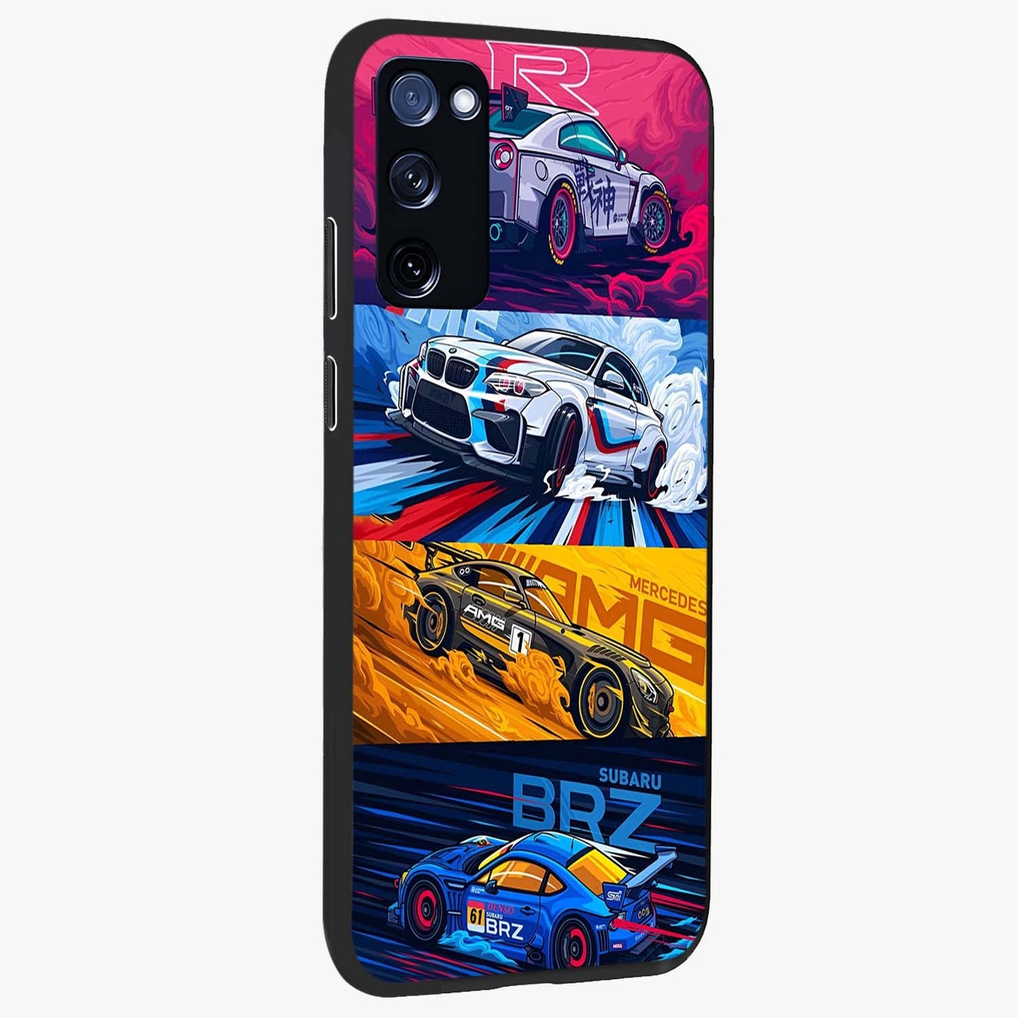 JDM Sports Car Glass Case upright view showcasing dynamic sports car artwork with bold racing theme.