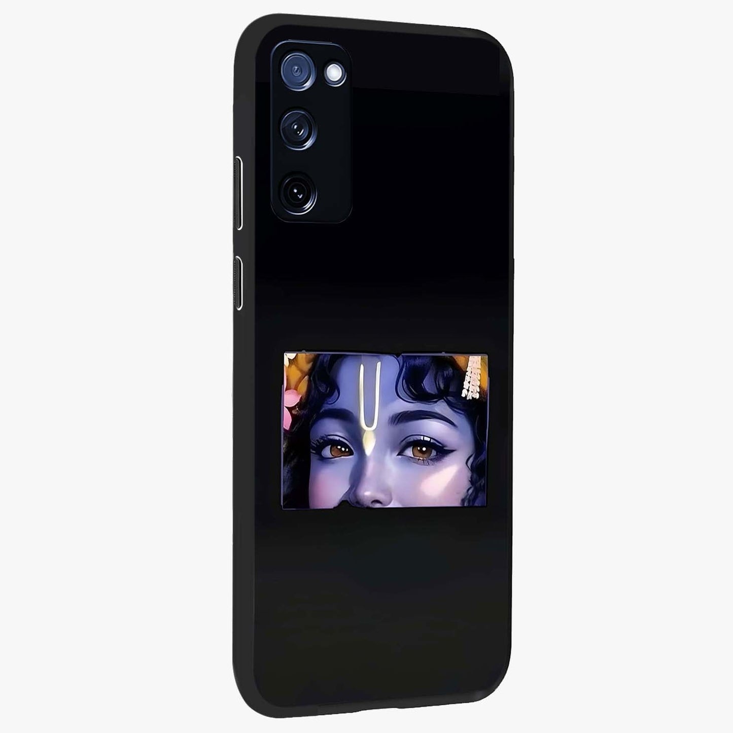 Krishna Divine Embrace Glass Case upright view showcasing sacred Krishna artwork with peaceful devotional theme.
