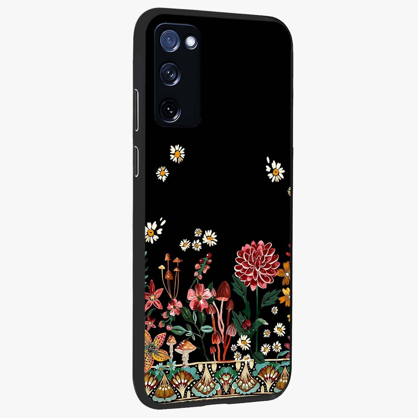Midnight Bloom Pattern Glass Case upright view showcasing decorative floral artwork with deep night themed palette.