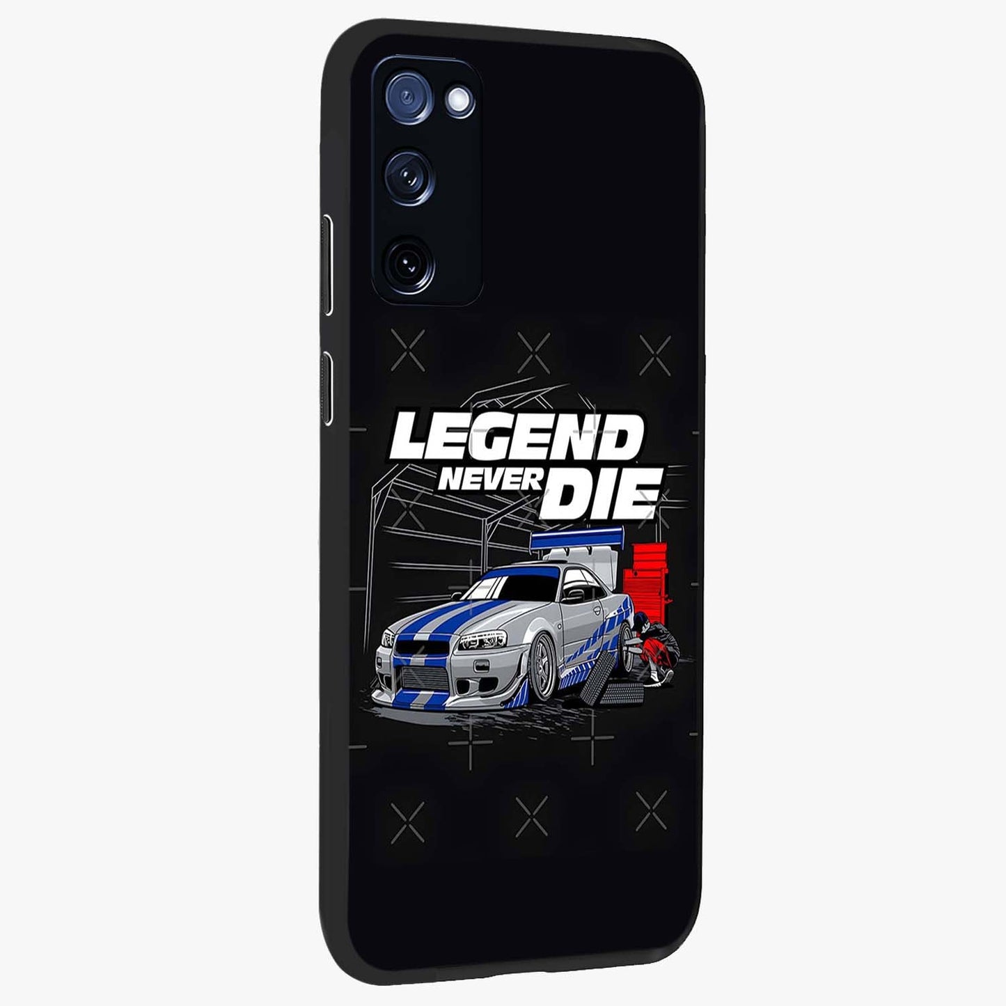 Midnight Racing Legacy Glass Case upright view showcasing powerful racing artwork with modern sports theme.