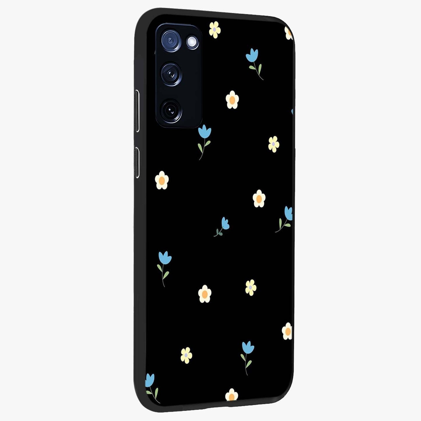 Minimal Petal Whispers Glass Case upright view showcasing elegant floral artwork with modern minimalist style.