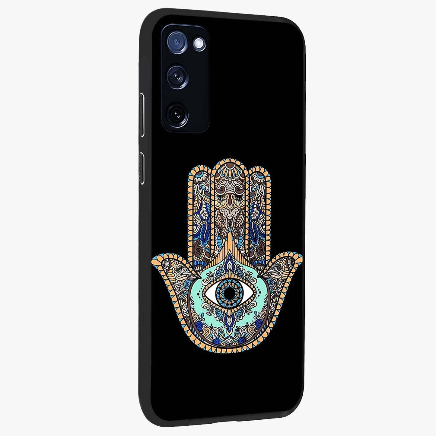 Mystic Hamsa Eye Glass Case upright view showcasing detailed hamsa eye artwork with protective spiritual theme.