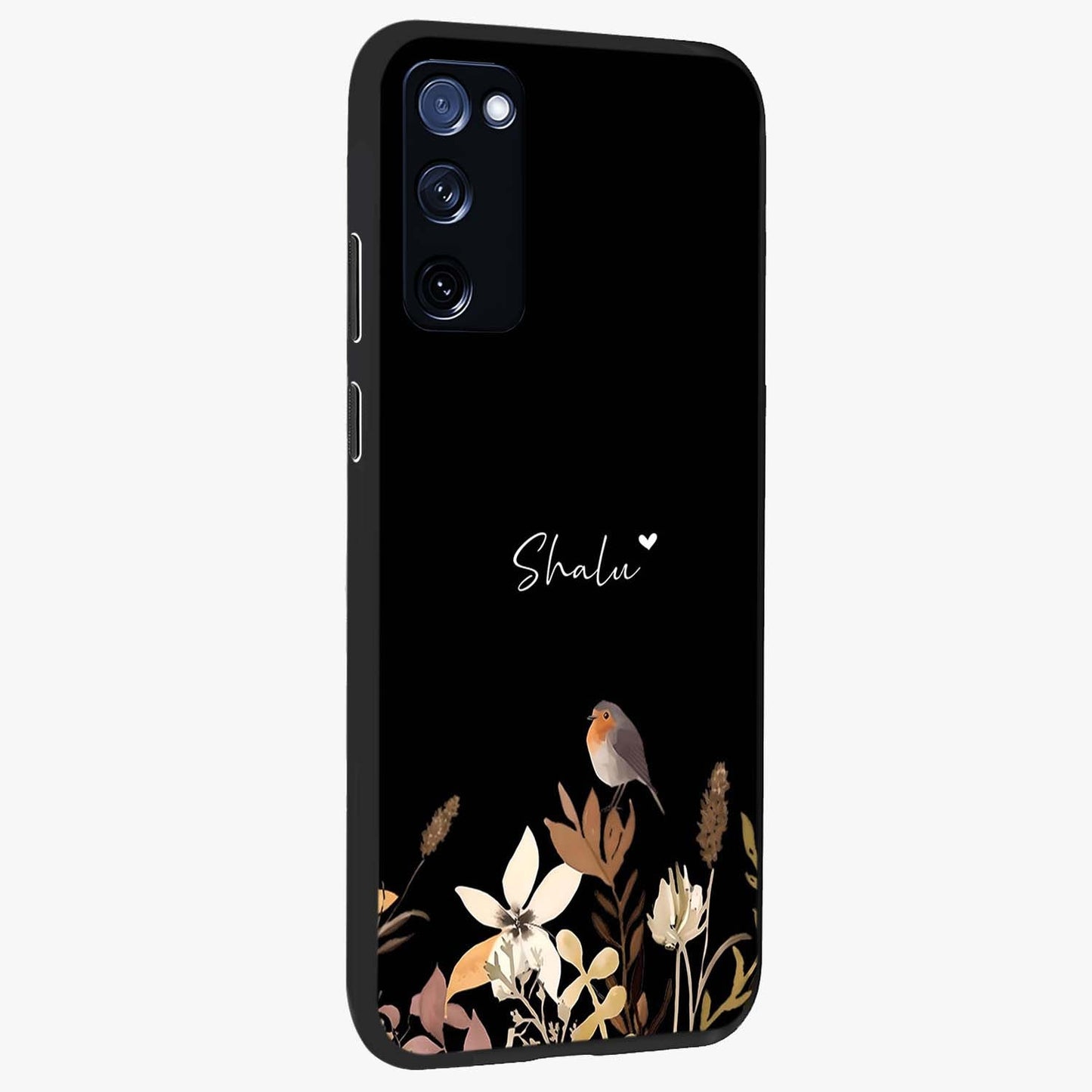 Quiet Garden Tune Custom Name Glass Case upright view showcasing serene botanical artwork with personalized aesthetic.
