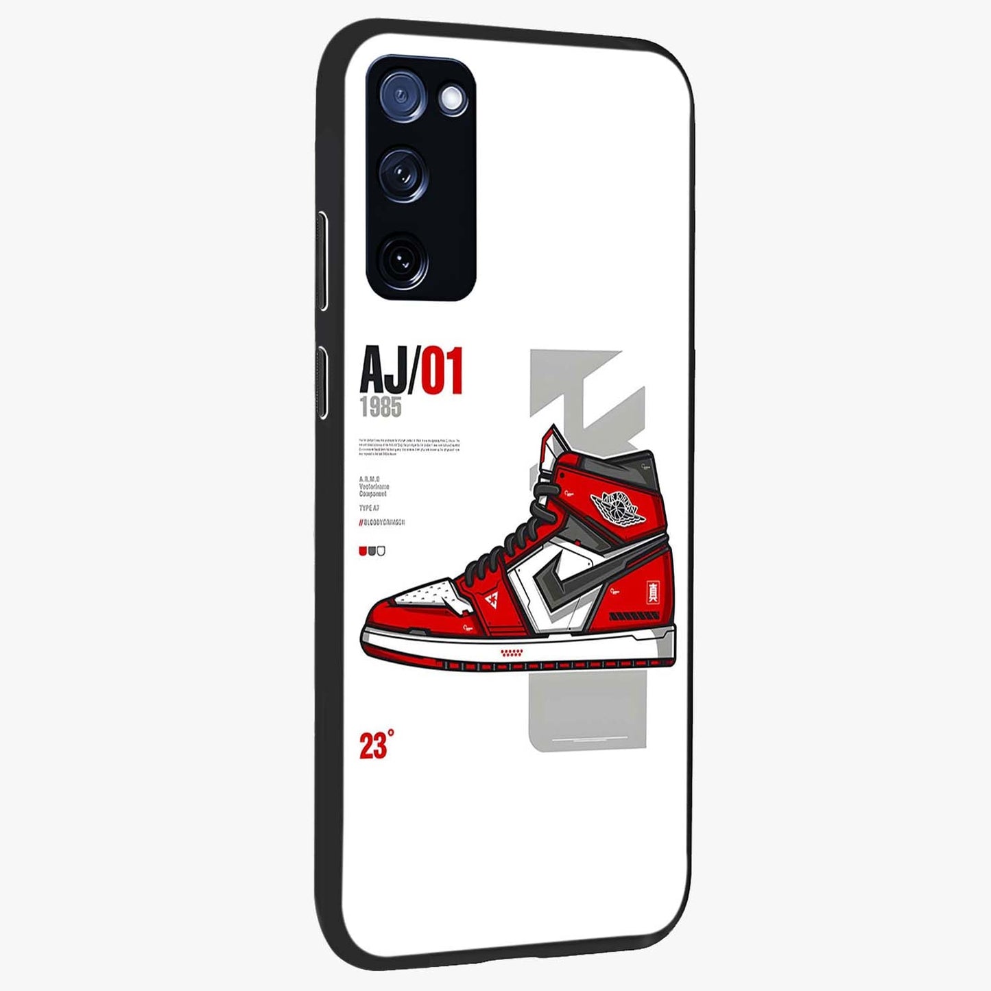 Retro Sneaker Blueprint Glass Case upright view showcasing stylish sneaker illustration with vintage streetwear theme.