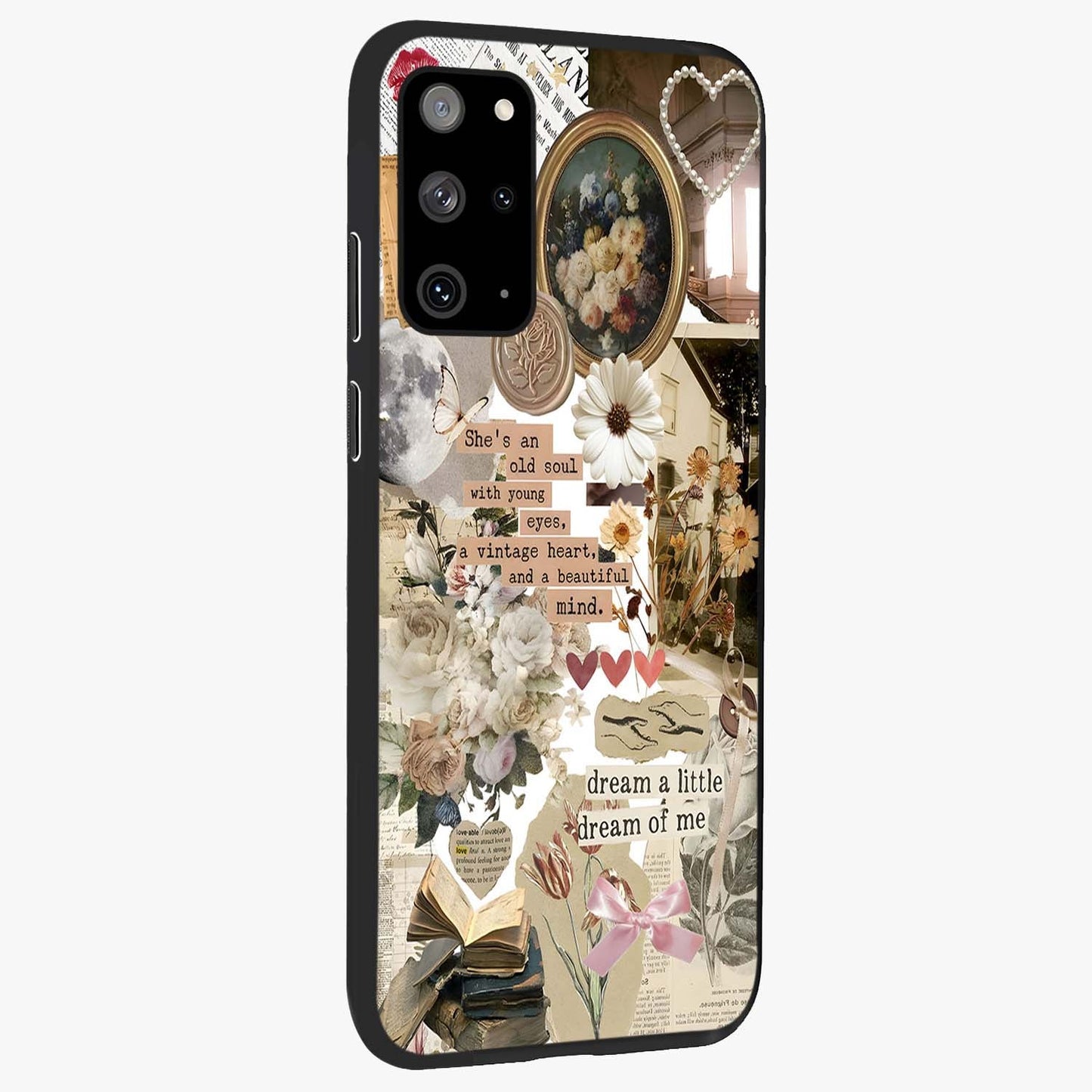 Aesthetic Brown Vintage Collage Glass Case upright view showcasing nostalgic retro artwork with stylish vintage theme.
