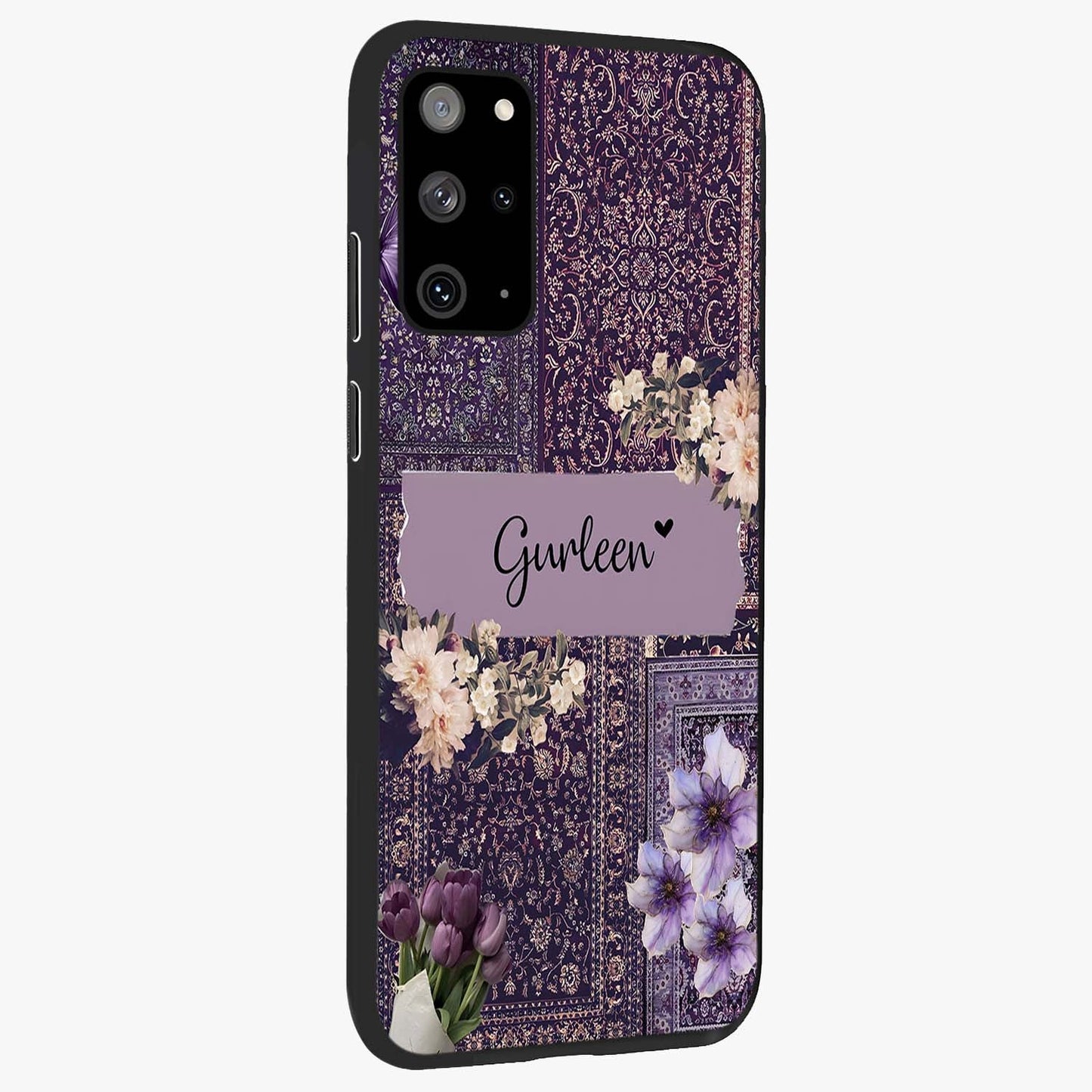 Antique Floral Whisper Custom Name Glass Case upright view showcasing delicate floral artwork with custom name feature.