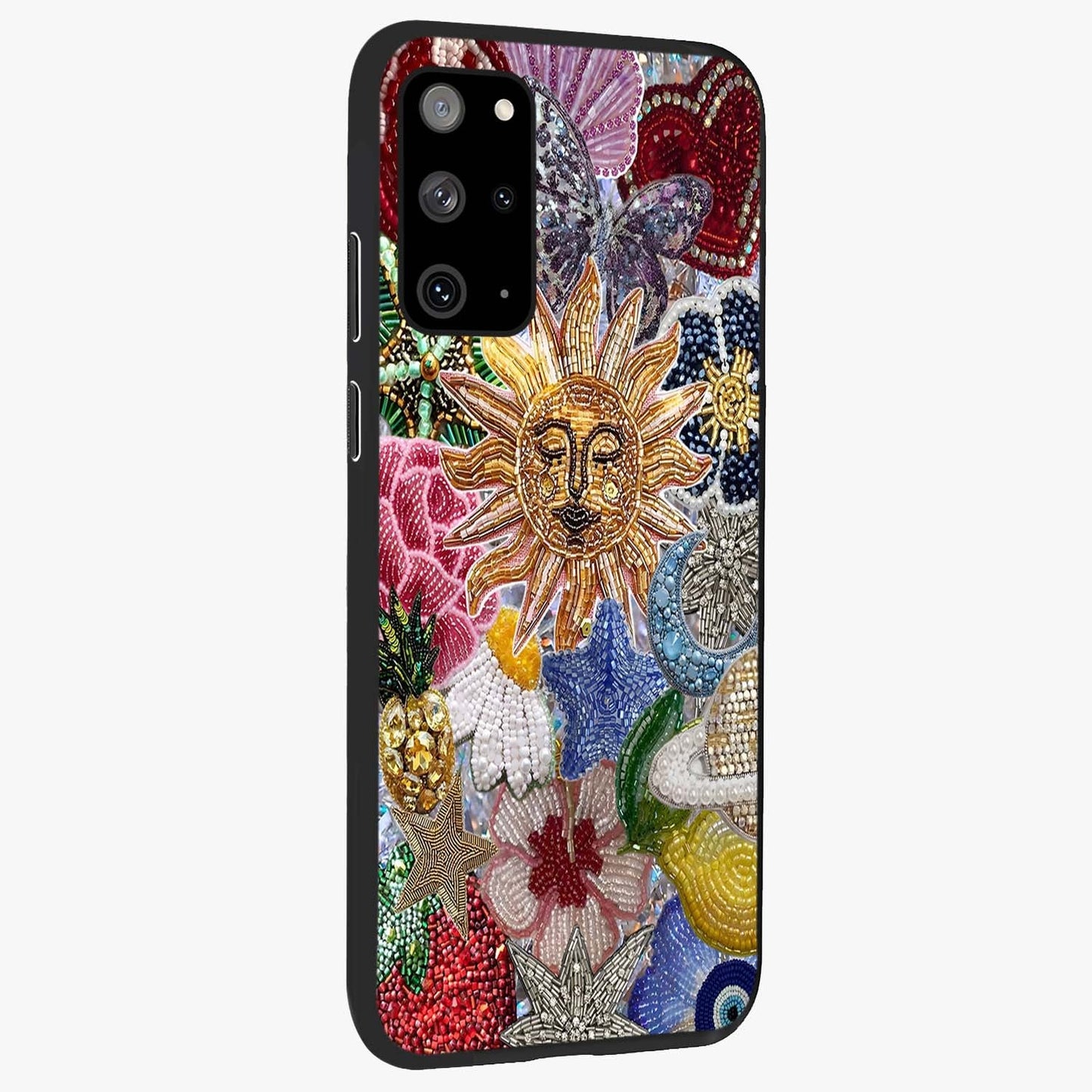 Celestial Floral and Playful Glass Case upright view showcasing whimsical floral artwork with cosmic aesthetic theme.