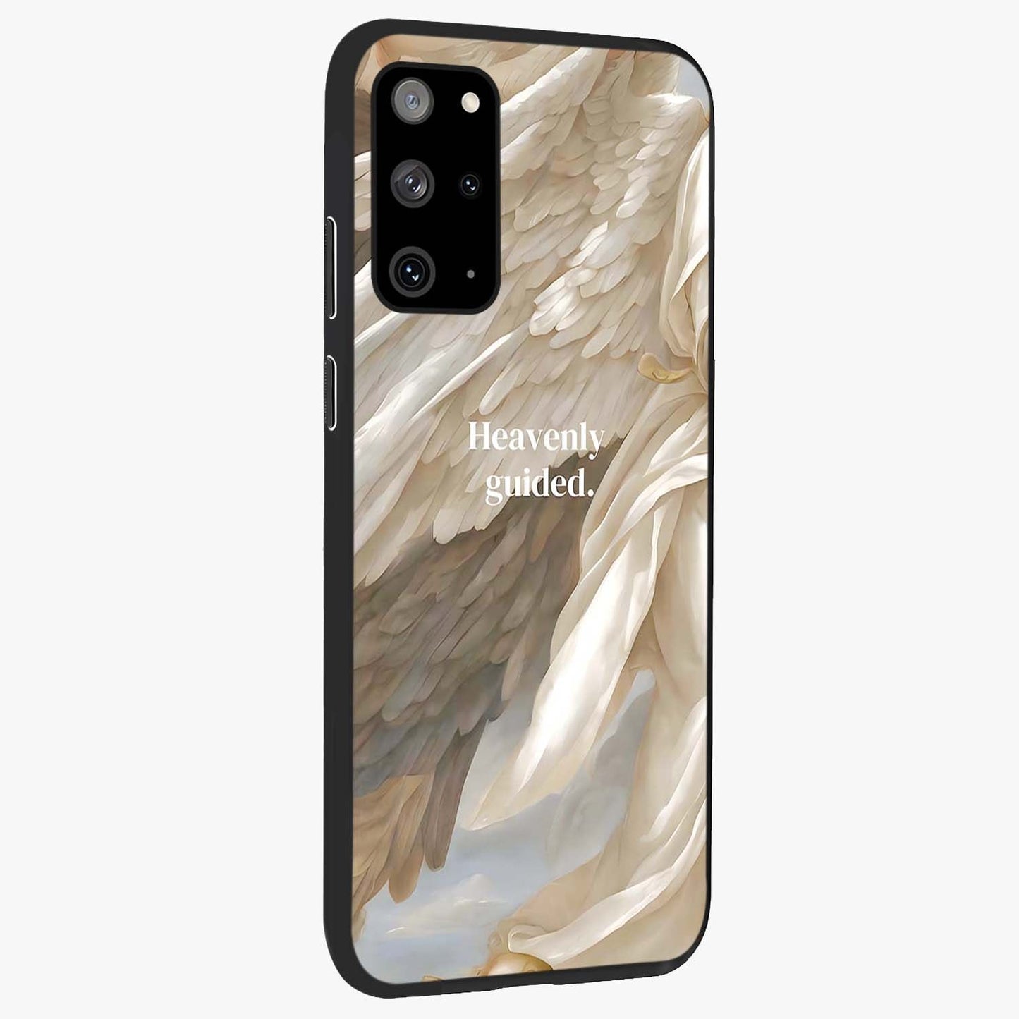 Divine Winged Grace Glass Case upright view showcasing spiritual wing artwork with soft celestial theme.