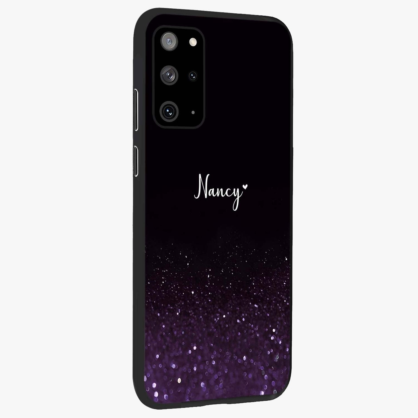 Glittery Purple Bokeh Custom Name Glass Case upright view showcasing vibrant purple sparkle artwork with personalized aesthetic style.