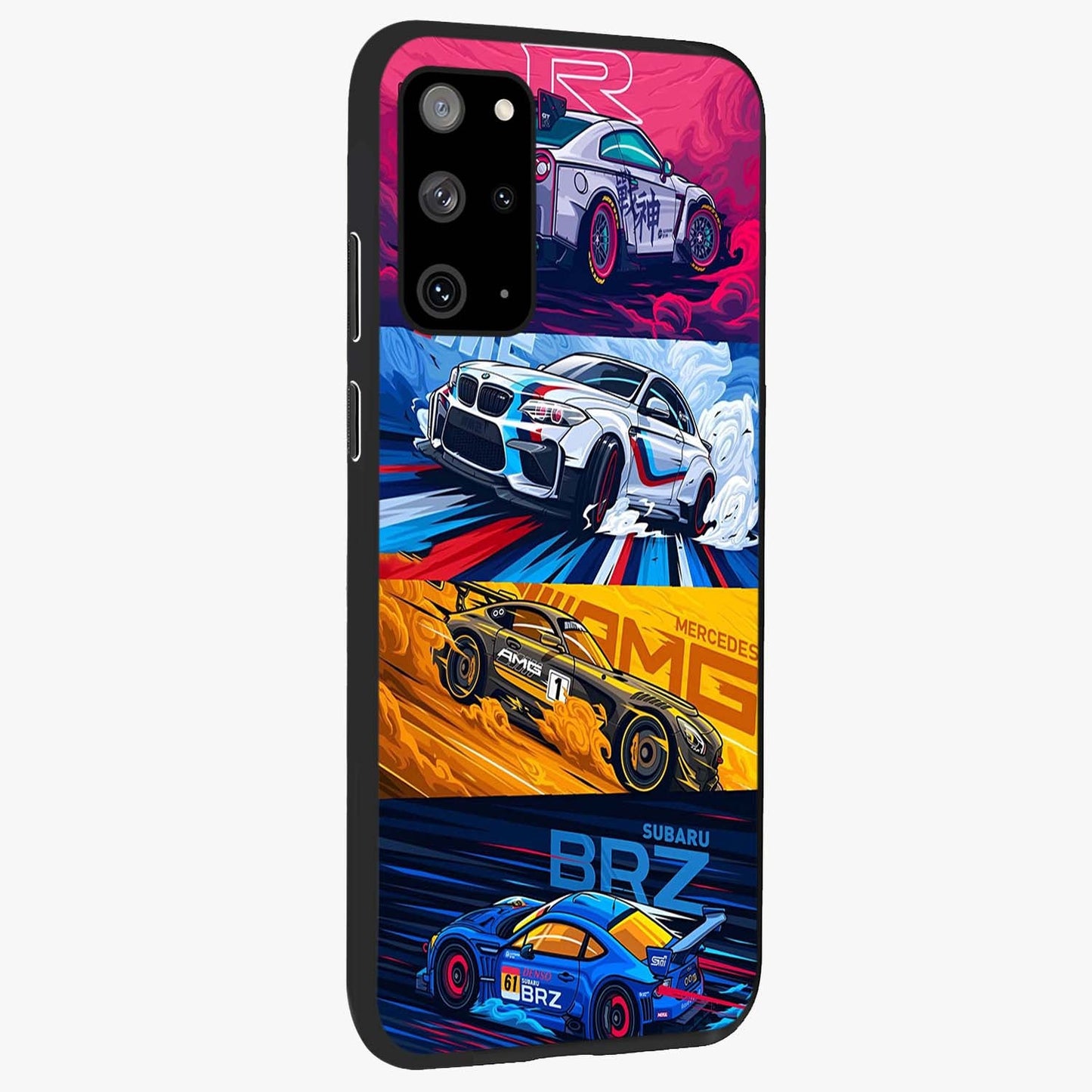 JDM Sports Car Glass Case upright view showcasing dynamic sports car artwork with bold racing theme.