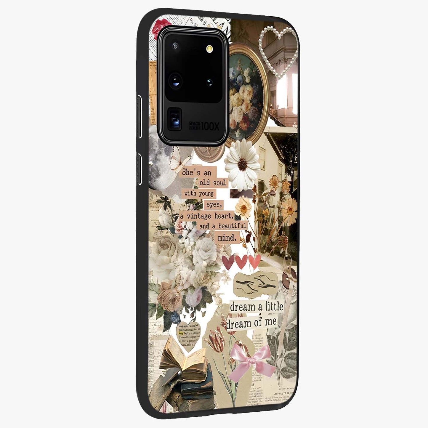 Aesthetic Brown Vintage Collage Glass Case upright view showcasing nostalgic retro artwork with stylish vintage theme.