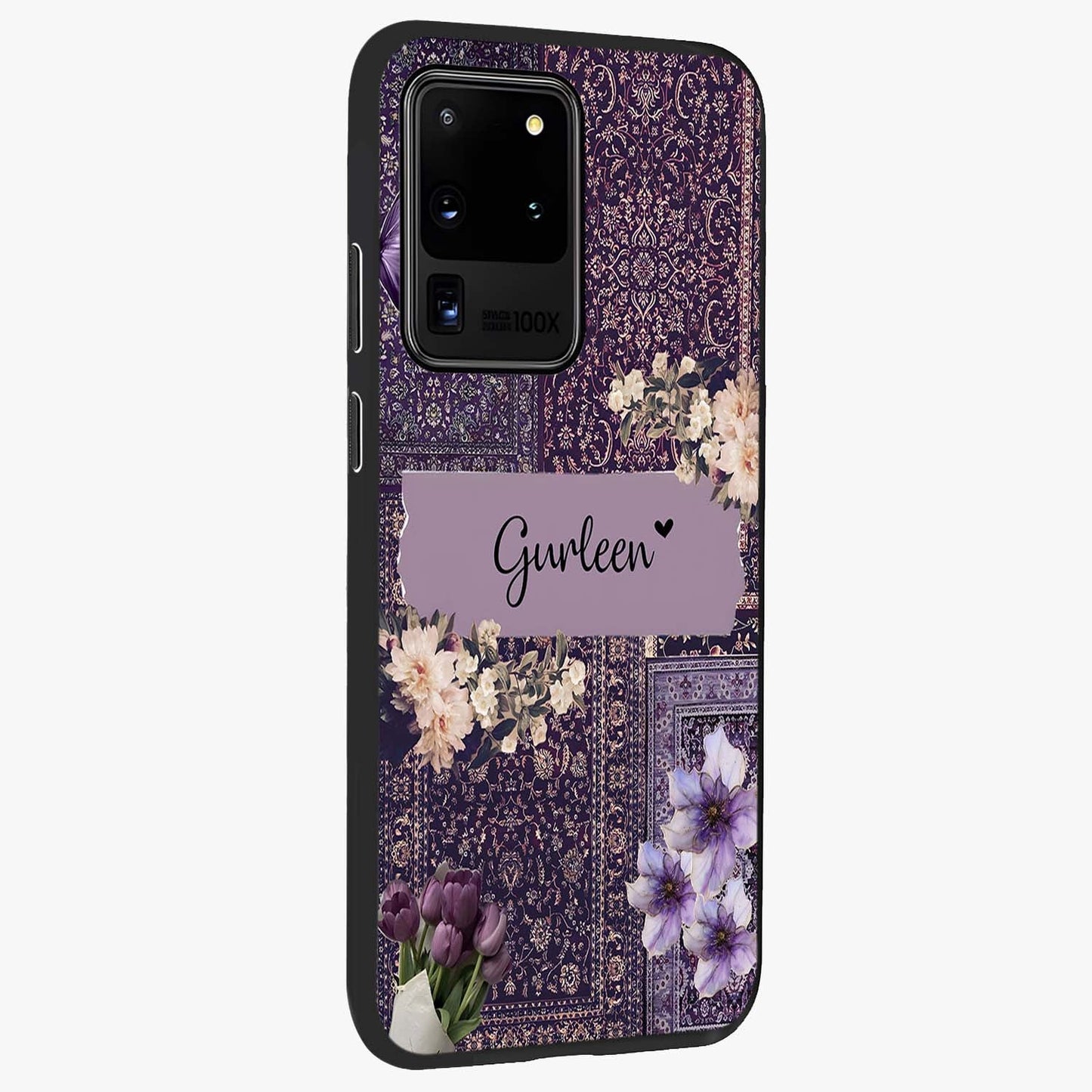 Antique Floral Whisper Custom Name Glass Case upright view showcasing delicate floral artwork with custom name feature.
