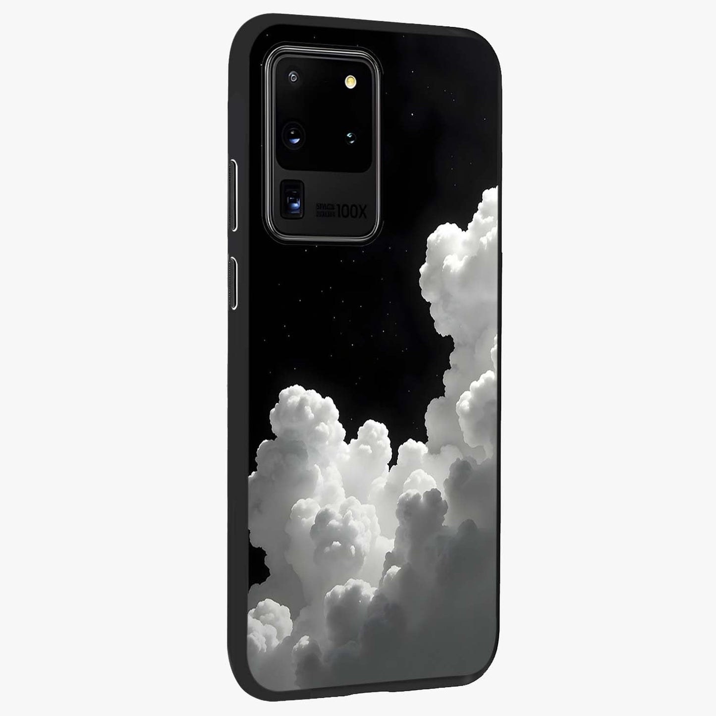 Black Background With White Cloud Glass Case upright view showcasing calm cloud aesthetic with modern minimal style.